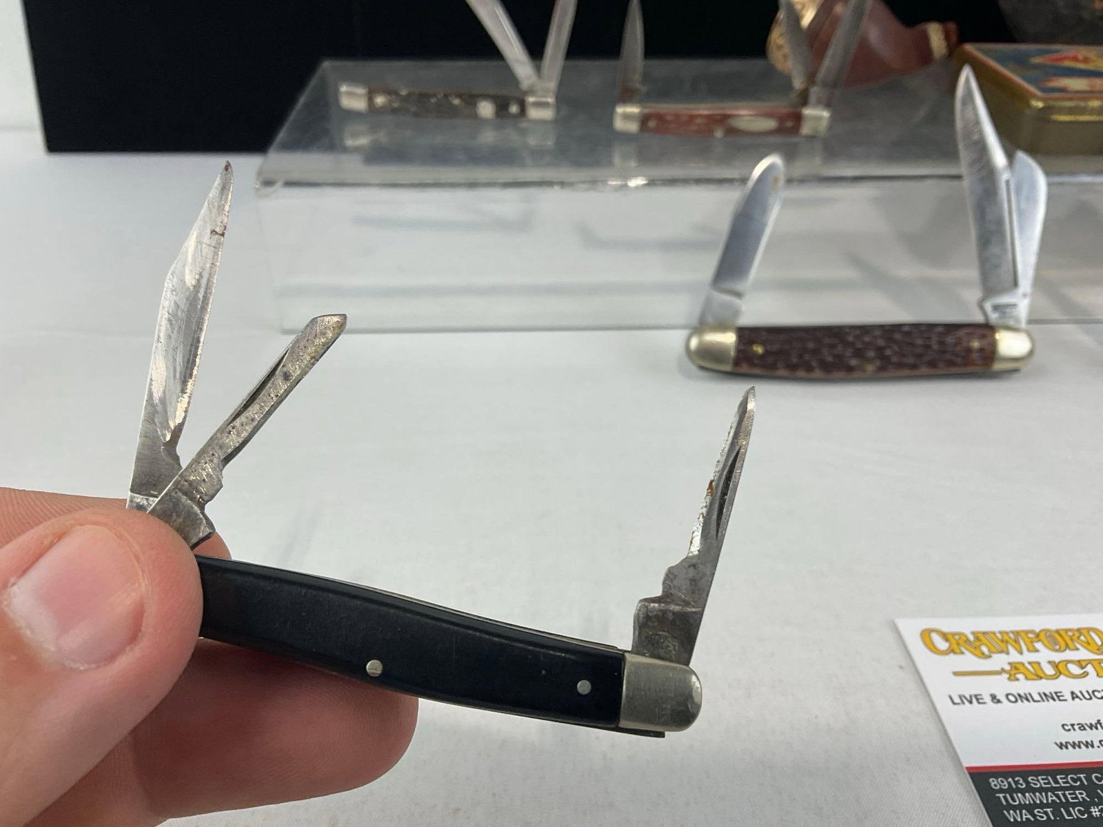 8 Small Folding Knives, includes: Case 6333 & Kabar 1063, Antique Pipe w/case, Cigarette Case - 7