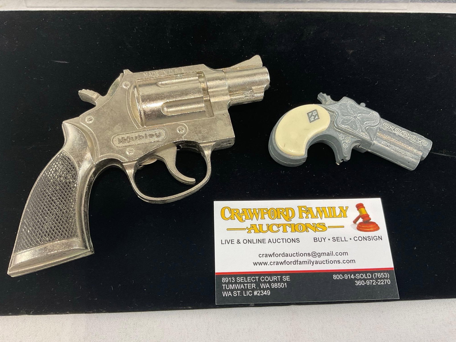 Pair of Vintage Cap Toys, Hubley Trooper .38 Special & Derringer style, tape style pieces: Shows some slight wear around the edges. See pics for condition. Measures approx 3h x 7w x 5d inches. E-6610