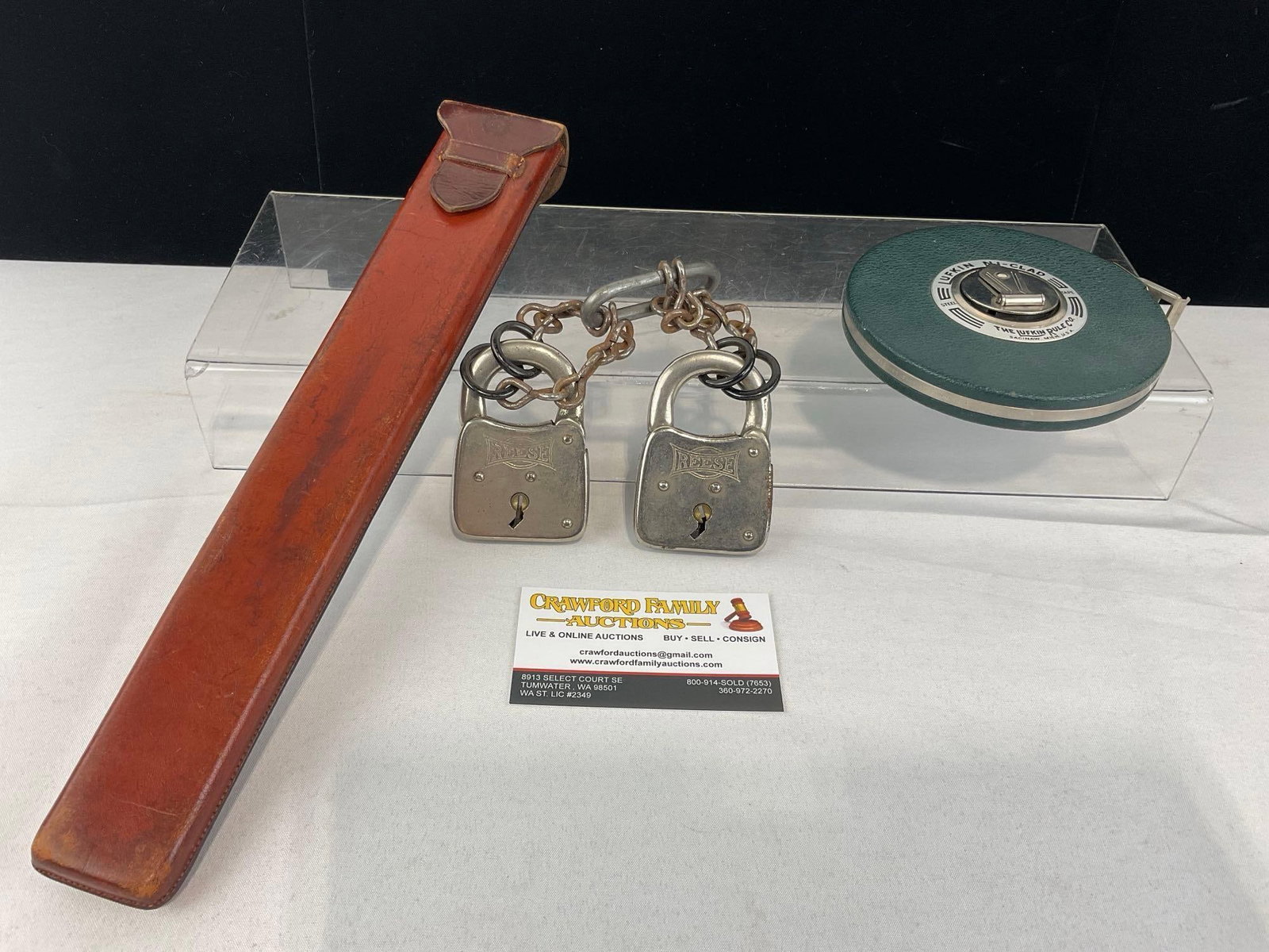 Antique Keuffel & Esser Slide Rule, Lufkin 100 Ft Tape Measure, & Pair of Reese Locks, no keys in...: For the slide rule, the case shows a bit of age, & the slide is partially broken off. Some oxidation on the locks. See pics for condition. Measures approx 13h x 6w x 3d inches. E-6610