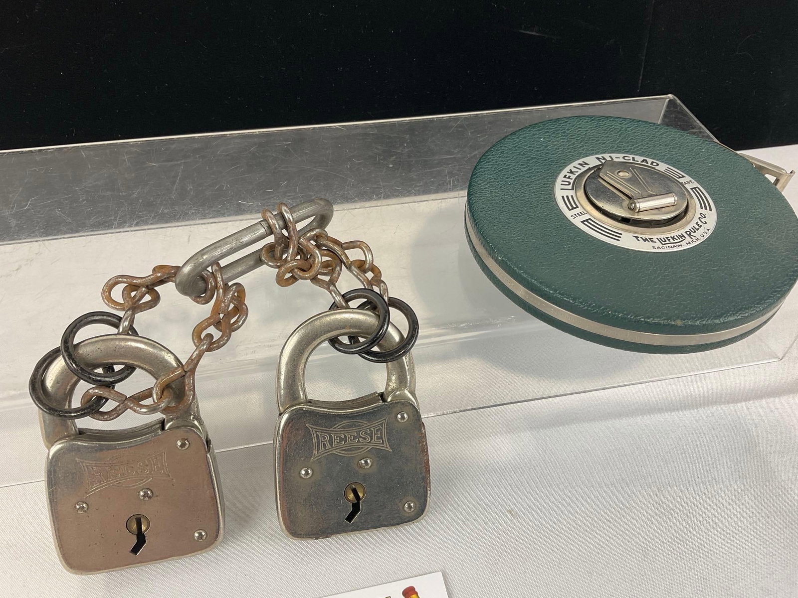 Antique Keuffel & Esser Slide Rule, Lufkin 100 Ft Tape Measure, & Pair of Reese Locks, no keys in... - 4