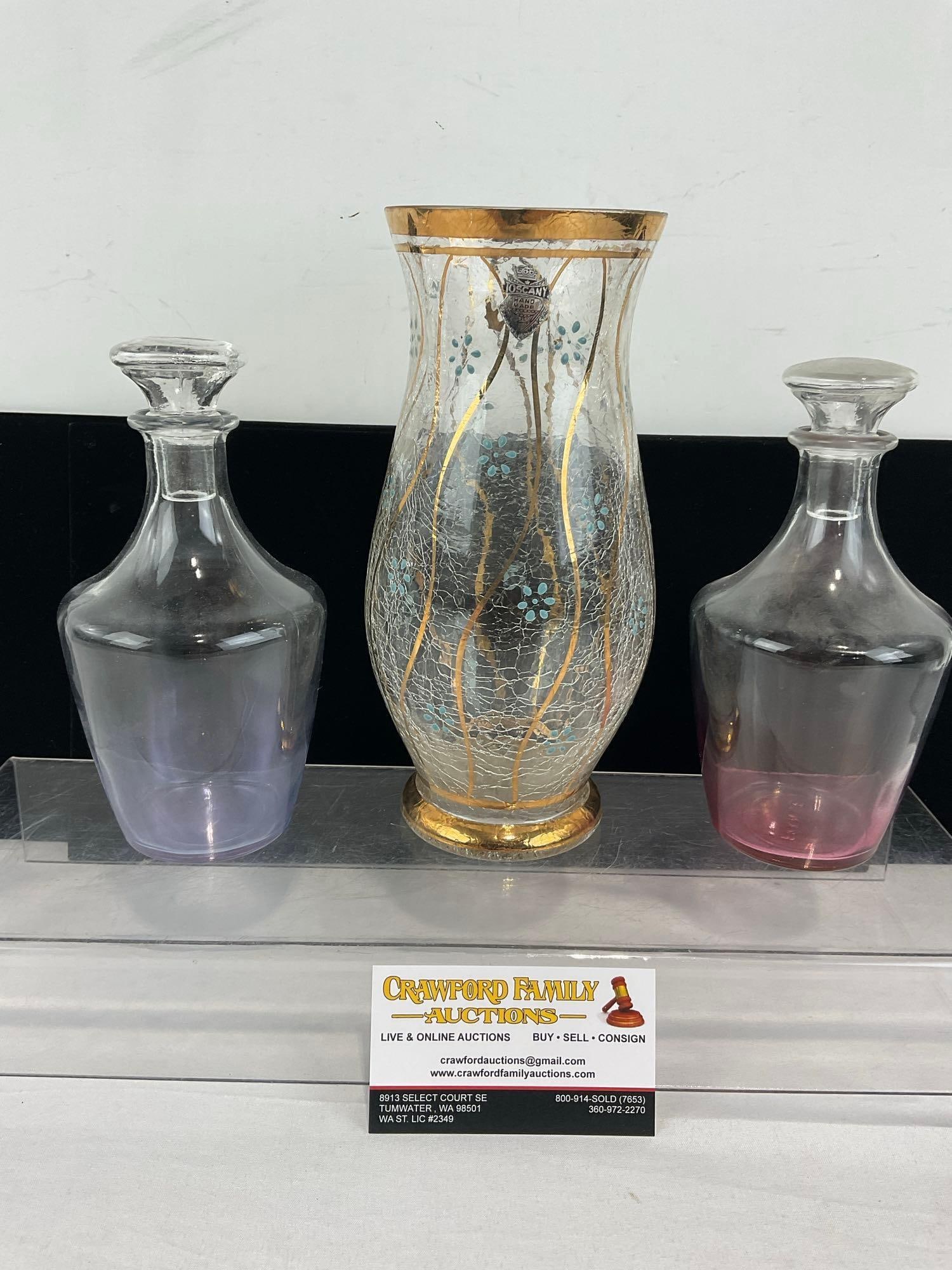 Czechoslovakian Toscany Crackle Glass Vase, & 2 French Glass Decanters/Perfume Bottles, w/stoppers: See pics for condition. Measures approx 6h x 19w x 7d inches. E-6610