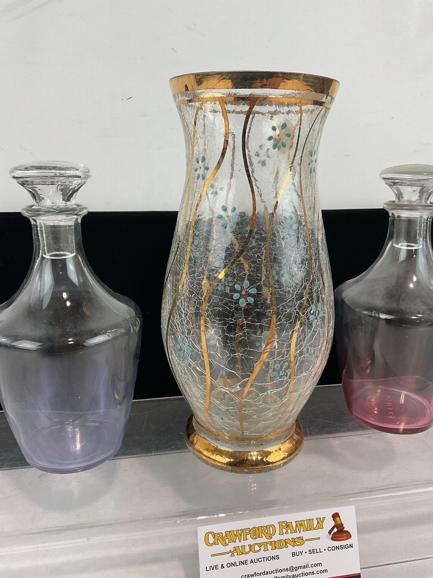 Czechoslovakian Toscany Crackle Glass Vase, & 2 French Glass Decanters/Perfume Bottles, w/stoppers - 3