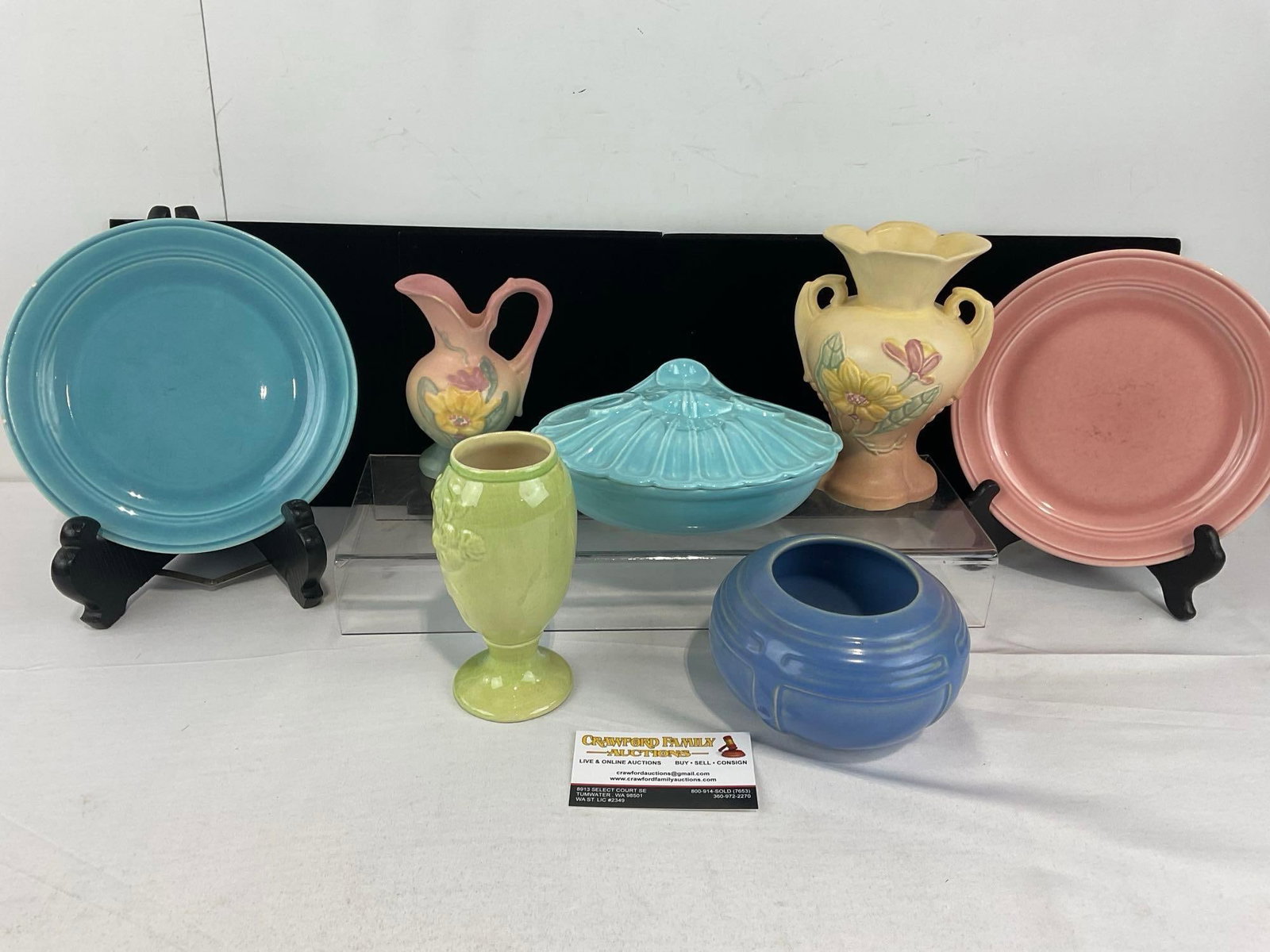 California Pottery Covered Dish, & 2x Hull, Vase & Small Pitcher, 2x Fiestaware Plates, & Vase: See pics for condition. Measures approx 9h x 13w x 13d inches. E-6610