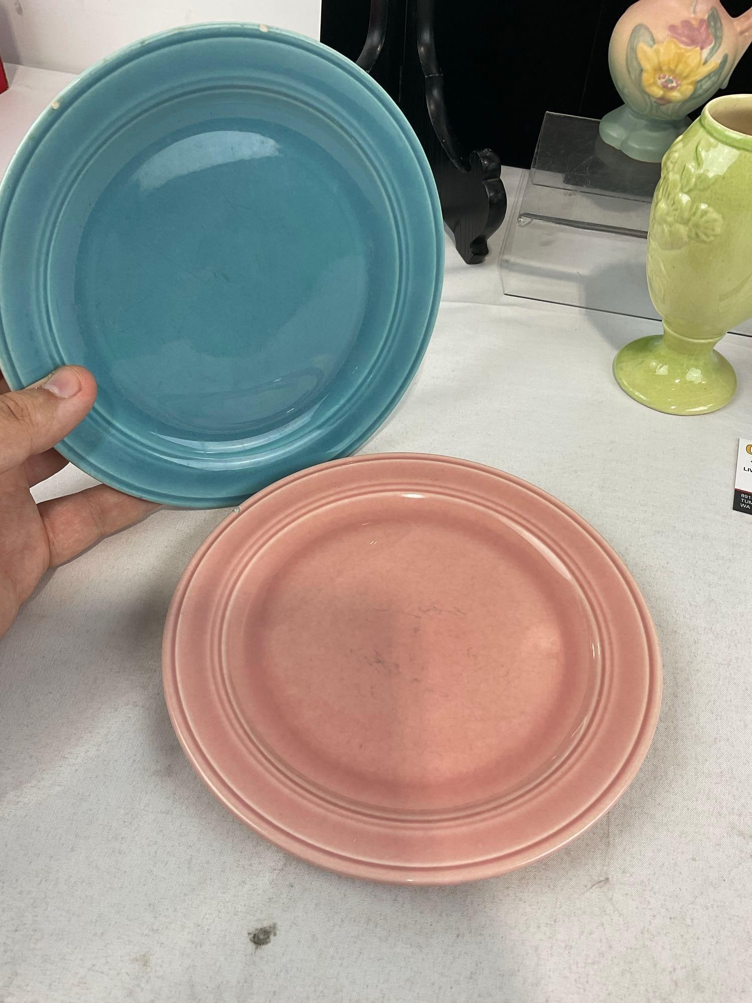 California Pottery Covered Dish, & 2x Hull, Vase & Small Pitcher, 2x Fiestaware Plates, & Vase - 2