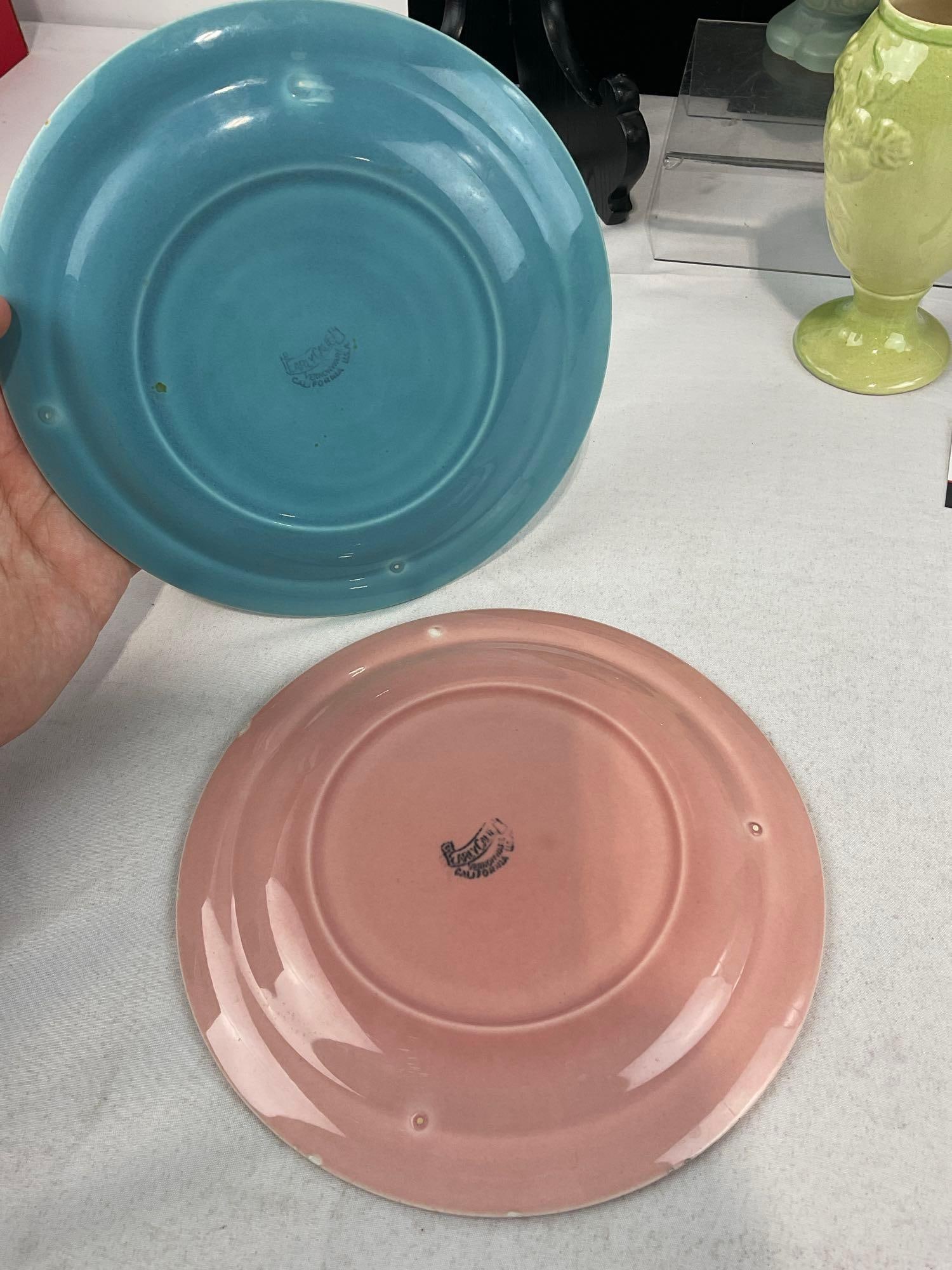 California Pottery Covered Dish, & 2x Hull, Vase & Small Pitcher, 2x Fiestaware Plates, & Vase - 3
