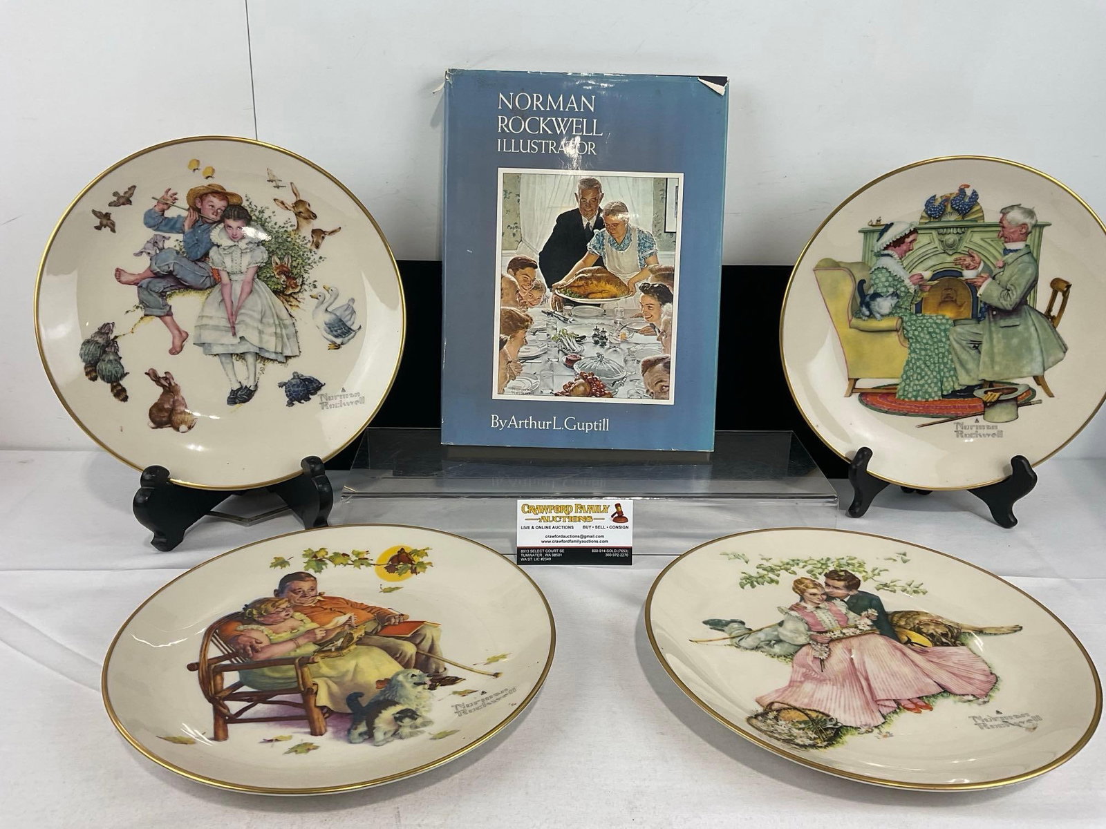 Norman Rockwell Book & Set of 4 Limited Edition Commemorative Plates, Gorham 1973 w/Rockwell Desi...: The plates are named: Spring - Sweet Song So Young, Summer - Flowers In Tender Bloom, Fall - Fondly Do We Remember, Winter - Gaily Sharing Vintage Times. See pics for condition. Measures approx