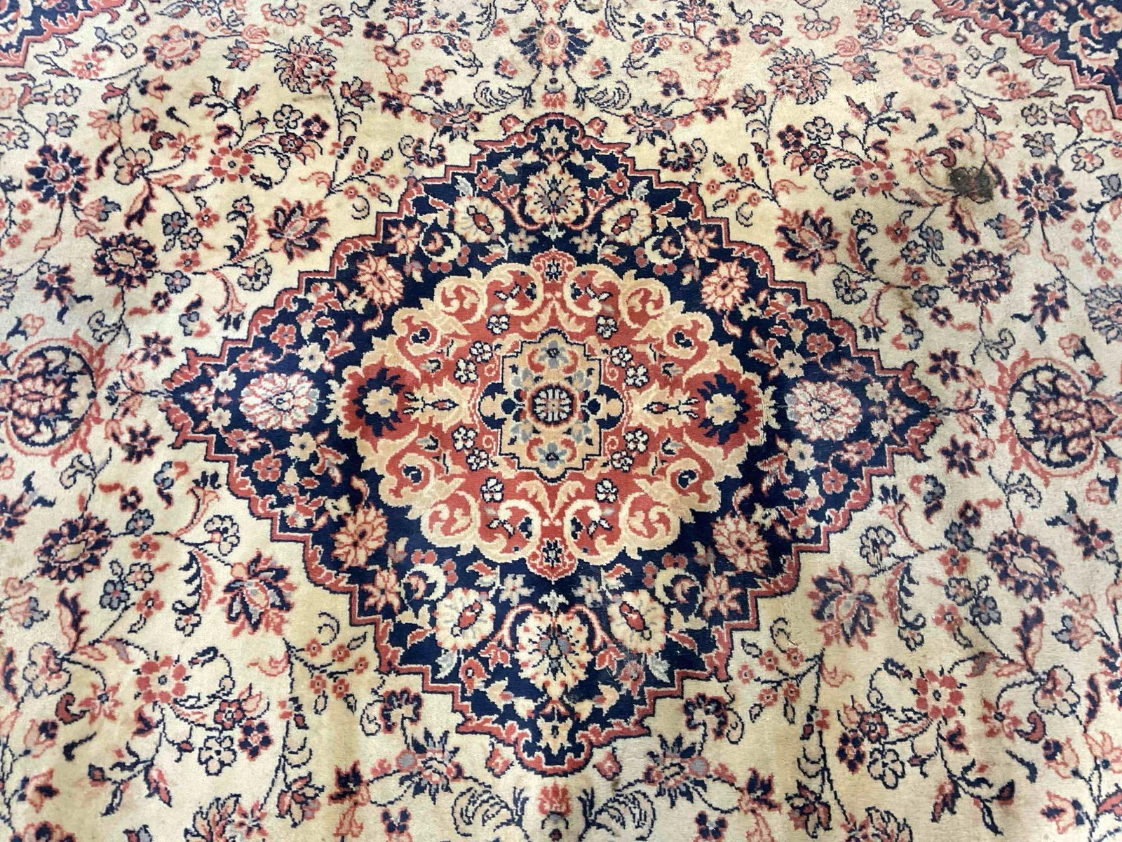 Vintage Bigelow Cream & Navy Blue Wool Pile Persian Rug in Tabriz Pattern. 94" x 130" - 10
