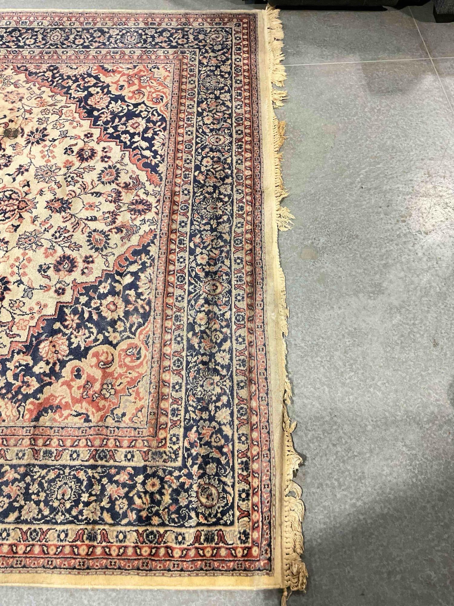 Vintage Bigelow Cream & Navy Blue Wool Pile Persian Rug in Tabriz Pattern. 94" x 130" - 2