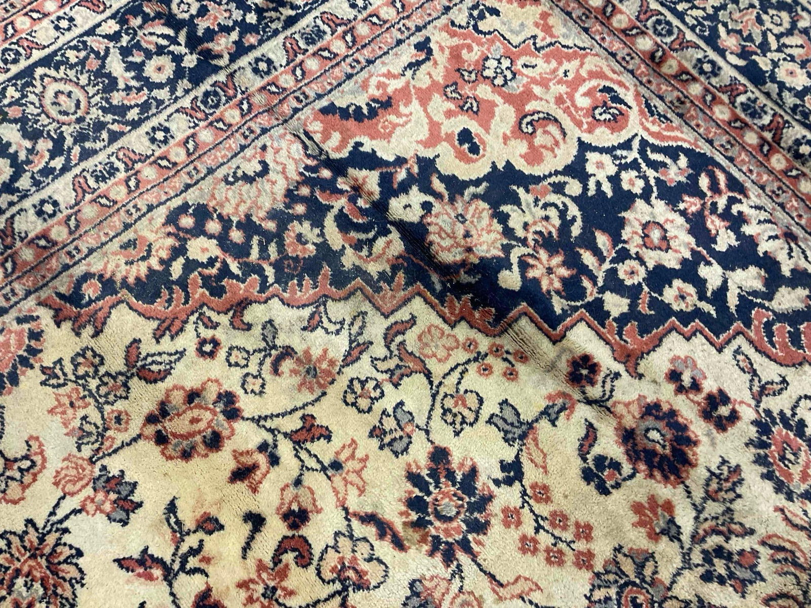 Vintage Bigelow Cream & Navy Blue Wool Pile Persian Rug in Tabriz Pattern. 94" x 130" - 4