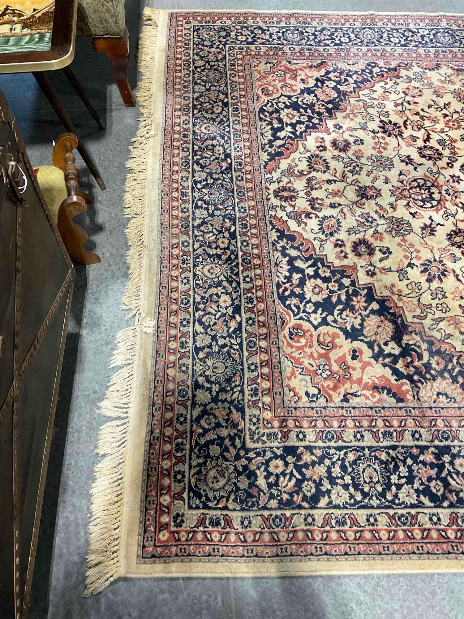 Vintage Bigelow Cream & Navy Blue Wool Pile Persian Rug in Tabriz Pattern. 94" x 130" - 5