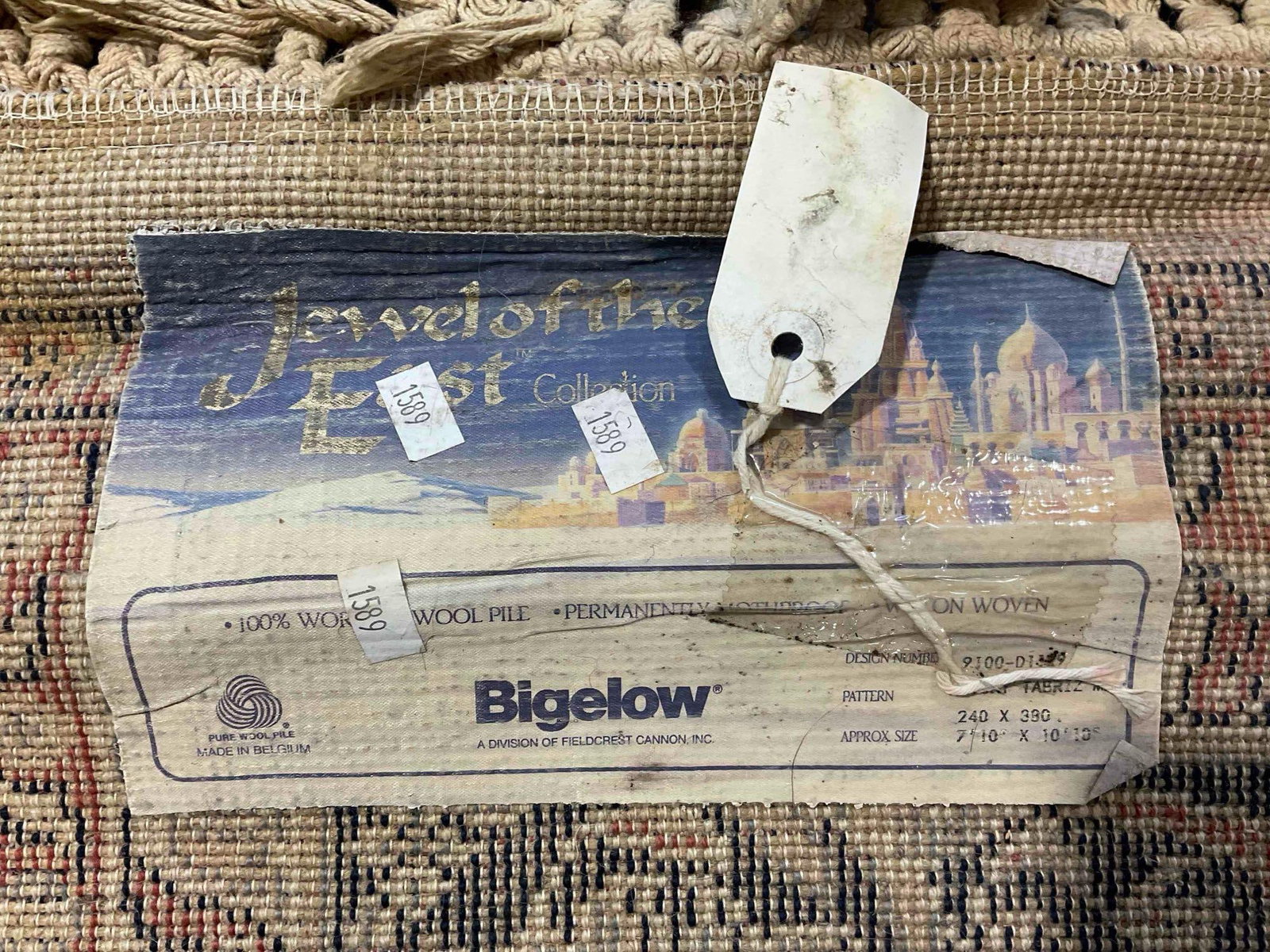 Vintage Bigelow Cream & Navy Blue Wool Pile Persian Rug in Tabriz Pattern. 94" x 130" - 6