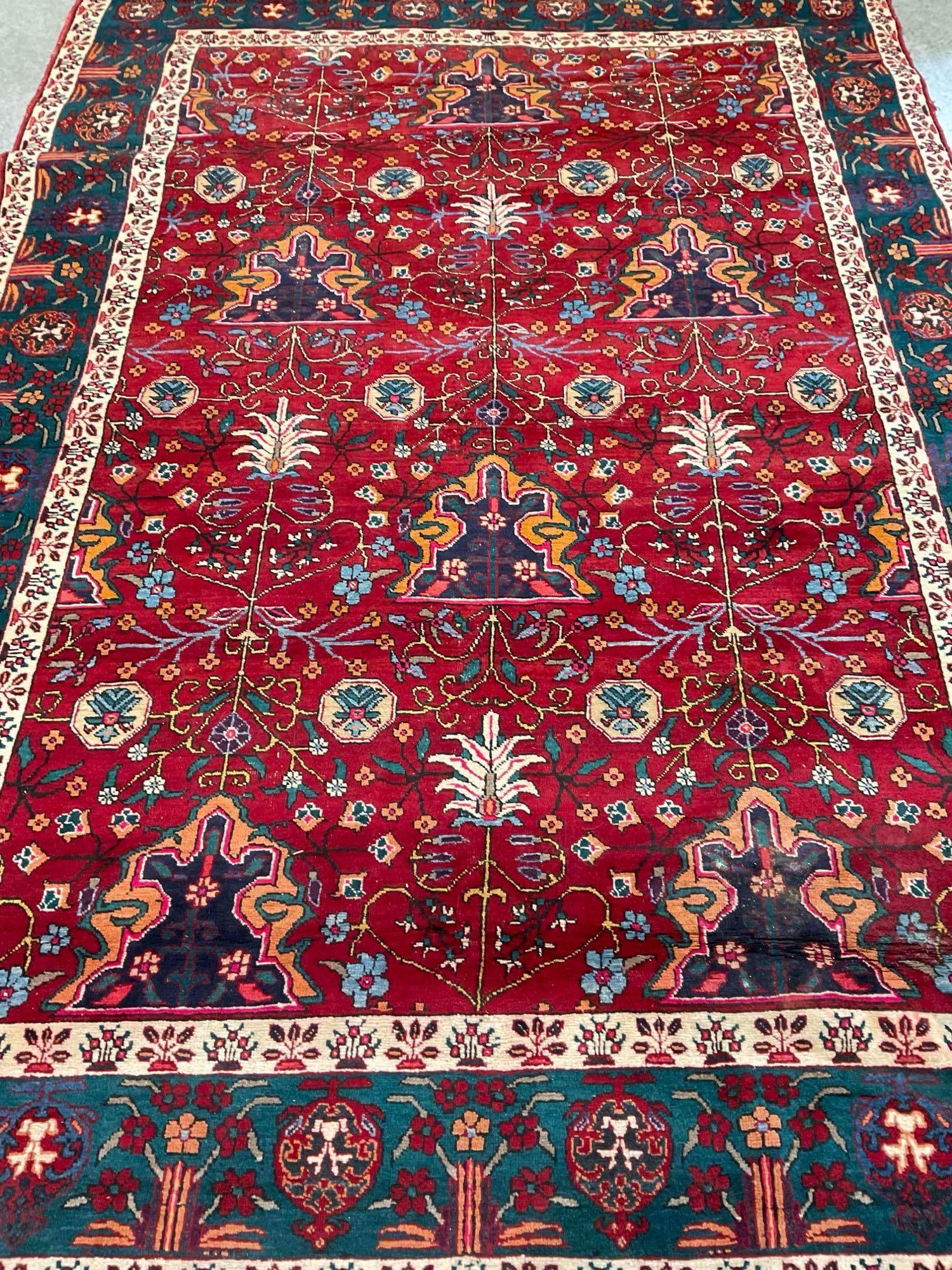 Vintage Made in Iran Green & Red Tabriz Style Wool Pile Persian Rug. Measures 133" x 93" - 2