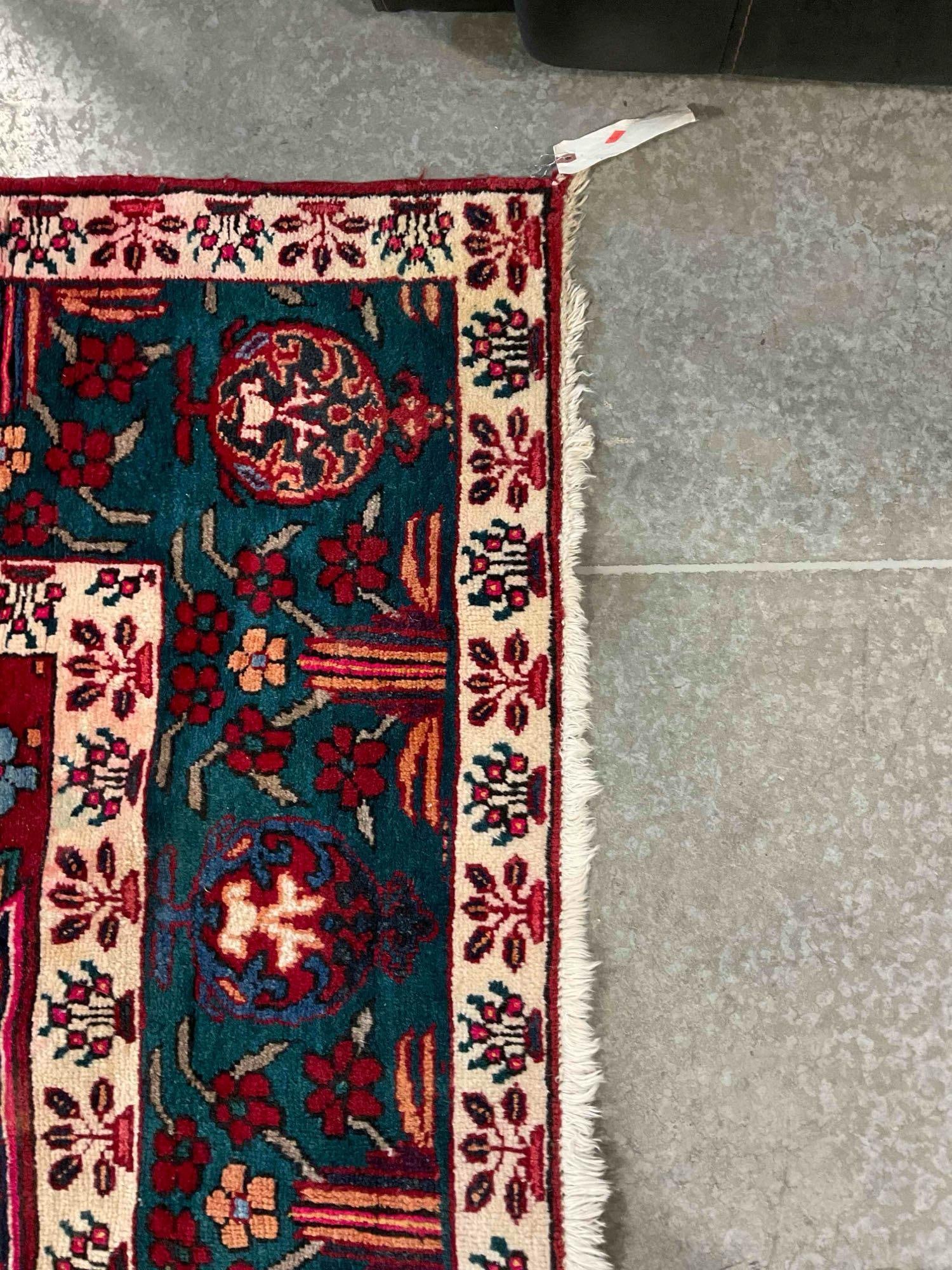 Vintage Made in Iran Green & Red Tabriz Style Wool Pile Persian Rug. Measures 133" x 93" - 3