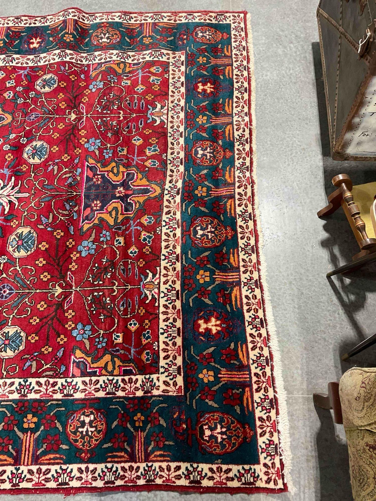 Vintage Made in Iran Green & Red Tabriz Style Wool Pile Persian Rug. Measures 133" x 93" - 4