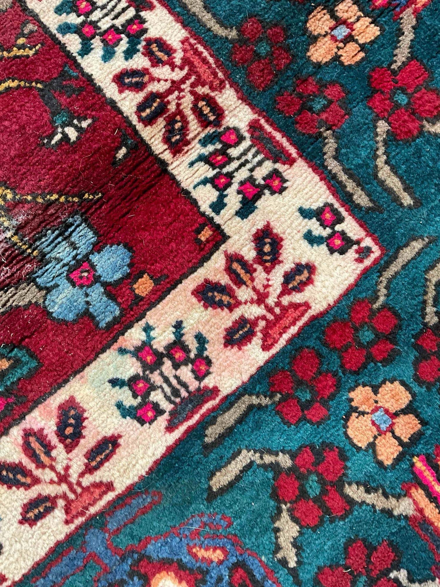 Vintage Made in Iran Green & Red Tabriz Style Wool Pile Persian Rug. Measures 133" x 93" - 7
