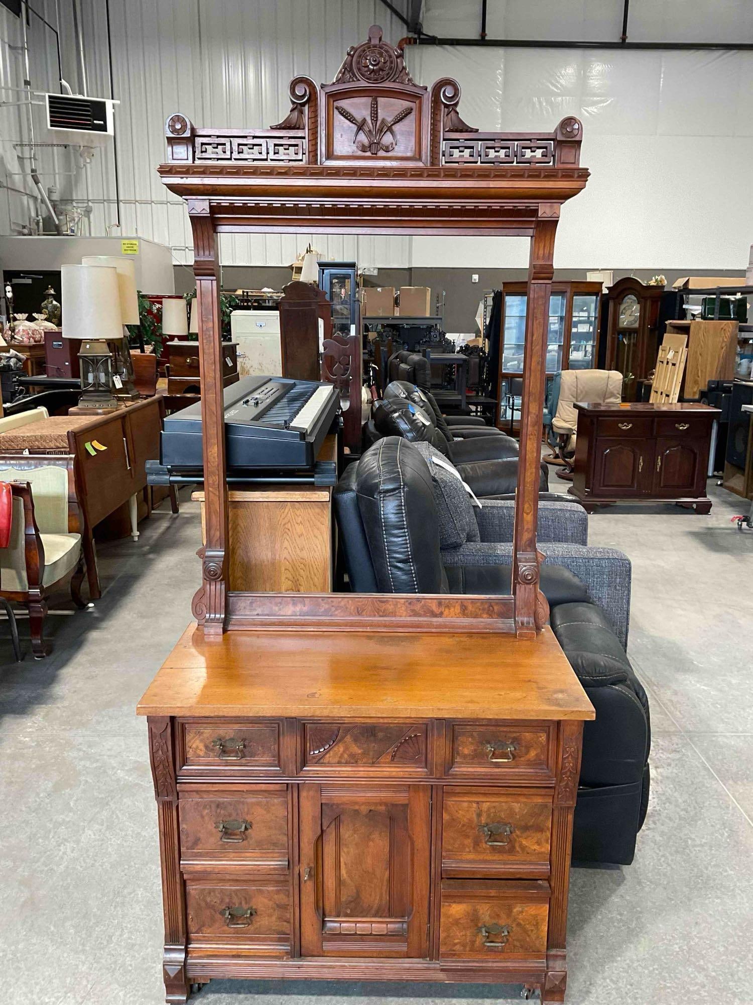 Antique Victorian Walnut Mirrorless Back Dresser w/ Burl Wood Details & Lovely Carved Accents. (1 of 8)
