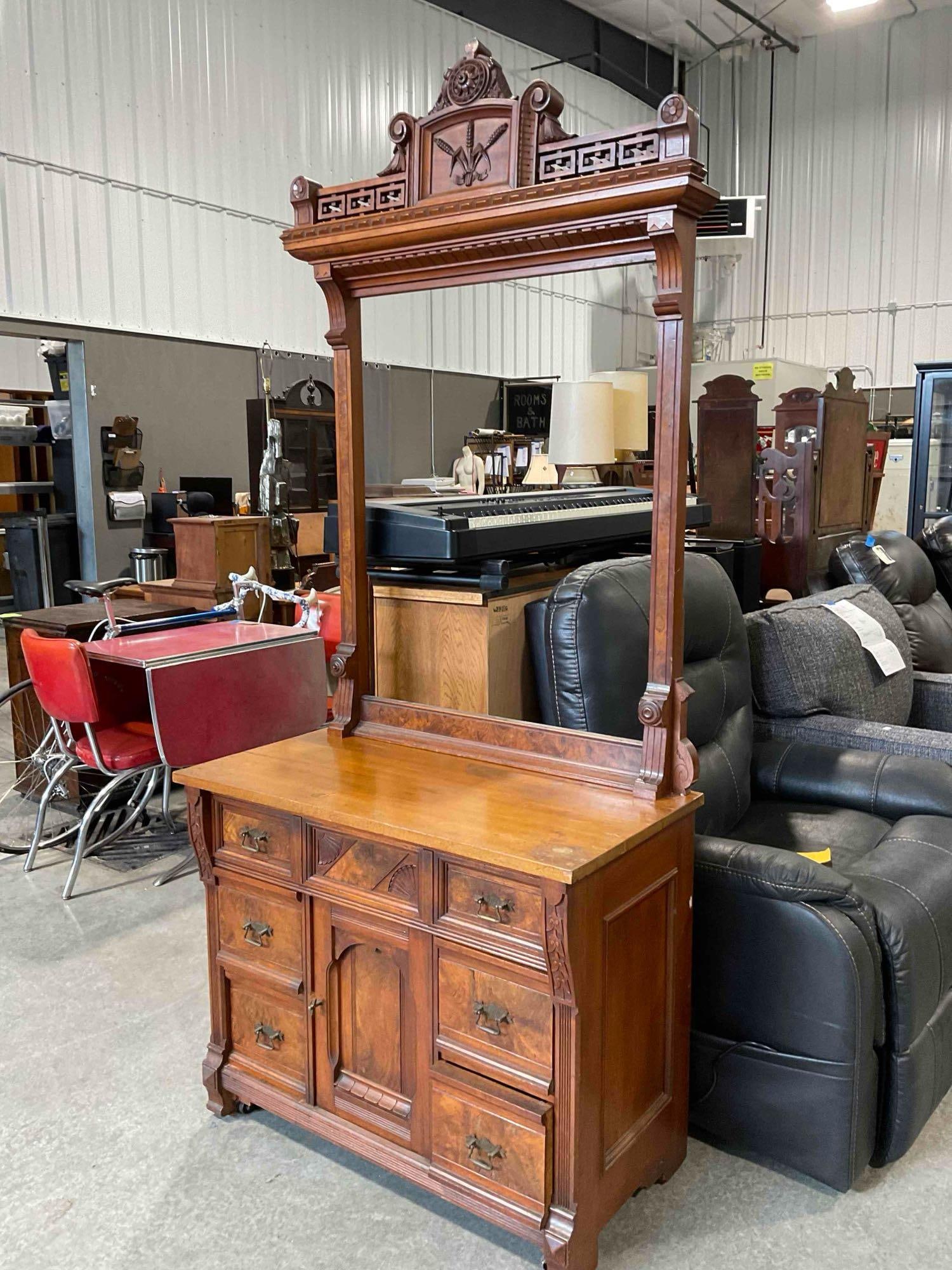 Antique Victorian Walnut Mirrorless Back Dresser w/ Burl Wood Details & Lovely Carved Accents. - 2