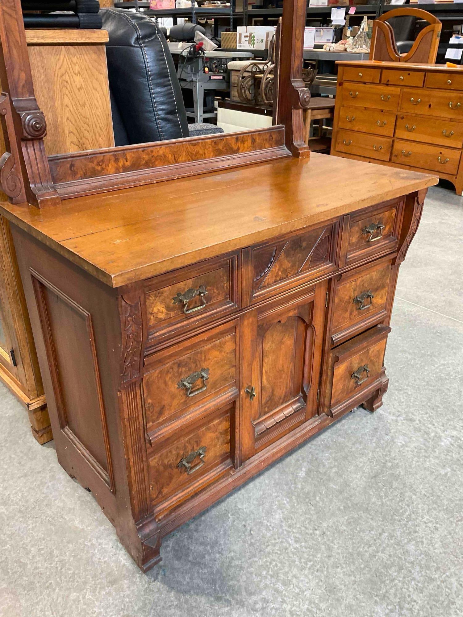 Antique Victorian Walnut Mirrorless Back Dresser w/ Burl Wood Details & Lovely Carved Accents. - 3