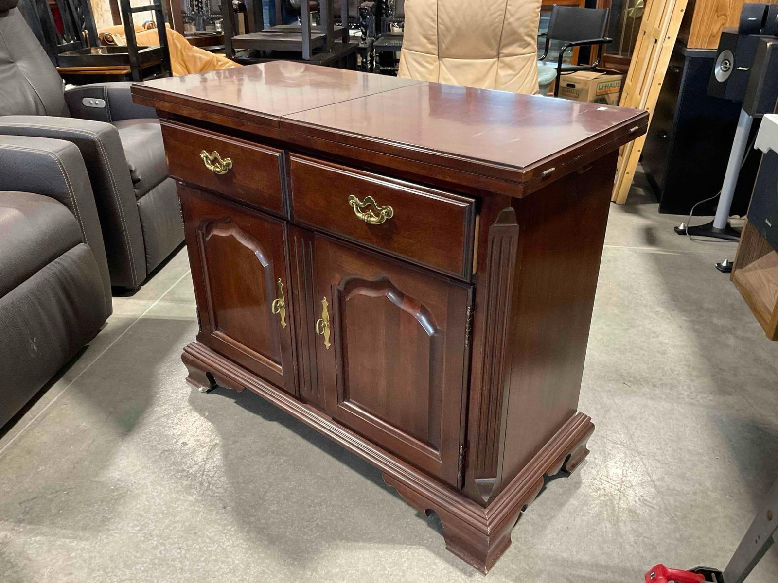 Vintage Thomasville Flip Top Bar Server w/ Mahogany Wood Finish, Drawer & Cupboard. - 3