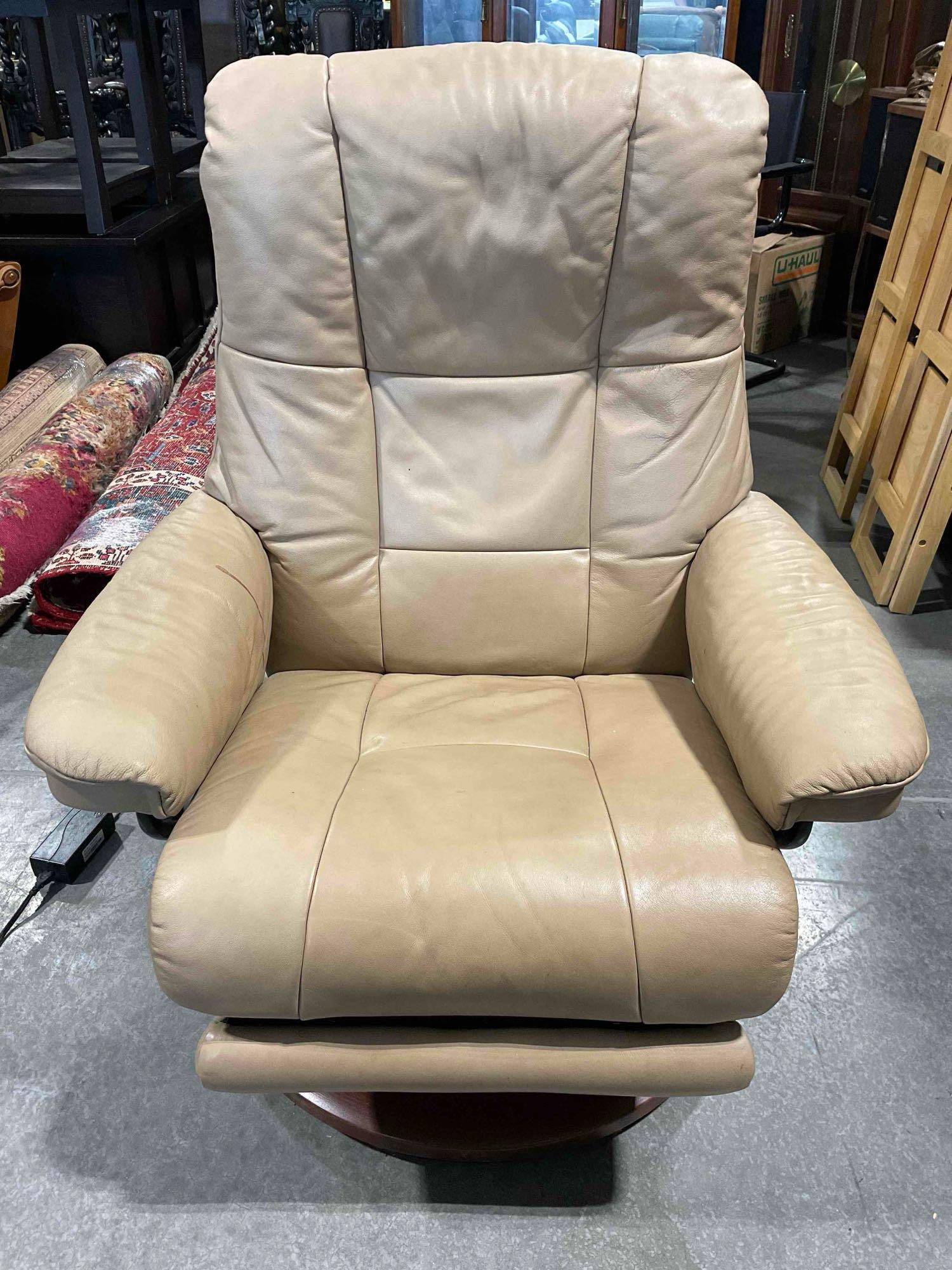 EKORNeS Stressless Power Recliner Chair w/ Tan Leather Upholstery. Tested, Works.: EKORNeS Stressless Power Recliner Chair w/ Tan Leather Upholstery. Tested, Works. Piece has wear indicative of age and use, has a stain that could be cleaned, some dirt in creases, see pictures for
