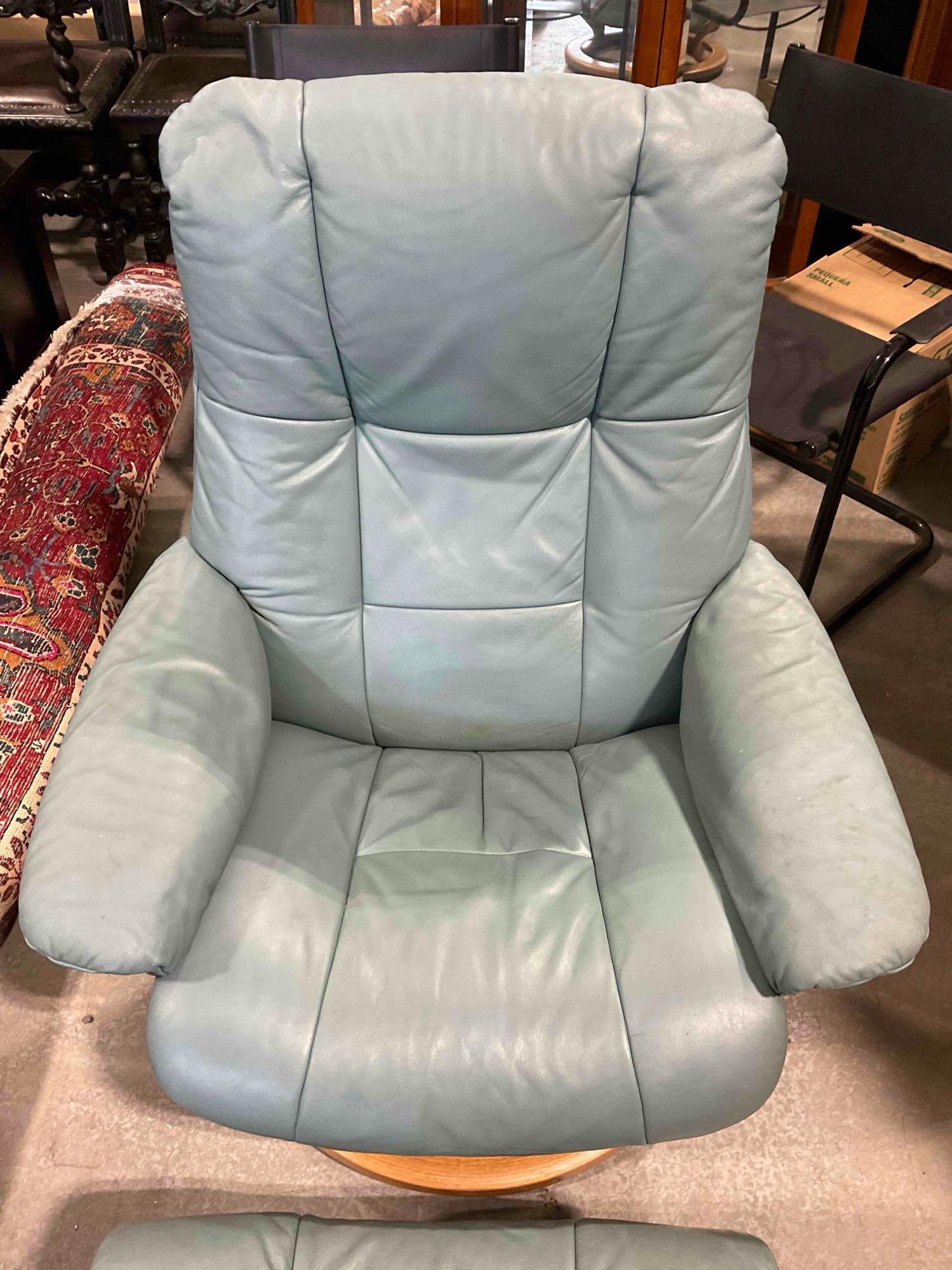 EKORNeS Stressless Recliner Chair & Ottoman in Lovely Pale Turquoise Leather Upholstery. - 3