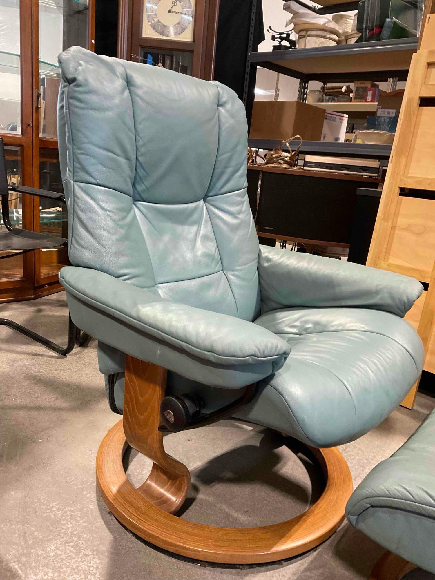 EKORNeS Stressless Recliner Chair & Ottoman in Lovely Pale Turquoise Leather Upholstery. - 4