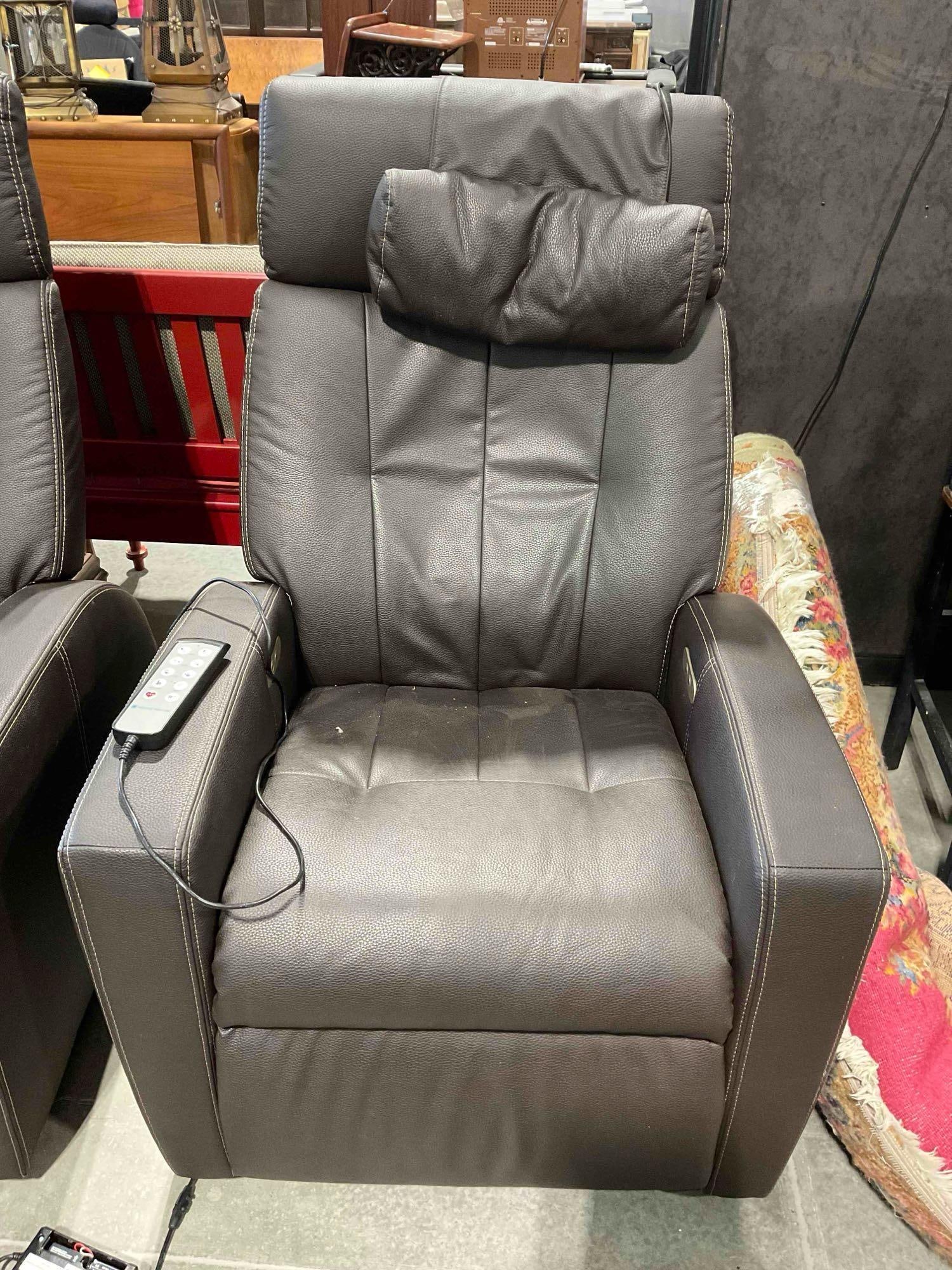 Positive Posture Luma Lift Assist Power Recliner w/ Brown Leather Upholstery. Tested, Works.: Positive Posture Luma Lift Assist Power Recliner w/ Brown Leather Upholstery. Tested, Works. Piece has wear indicative of age and use, missing a part of the AC box, see photos for condition. Twin to