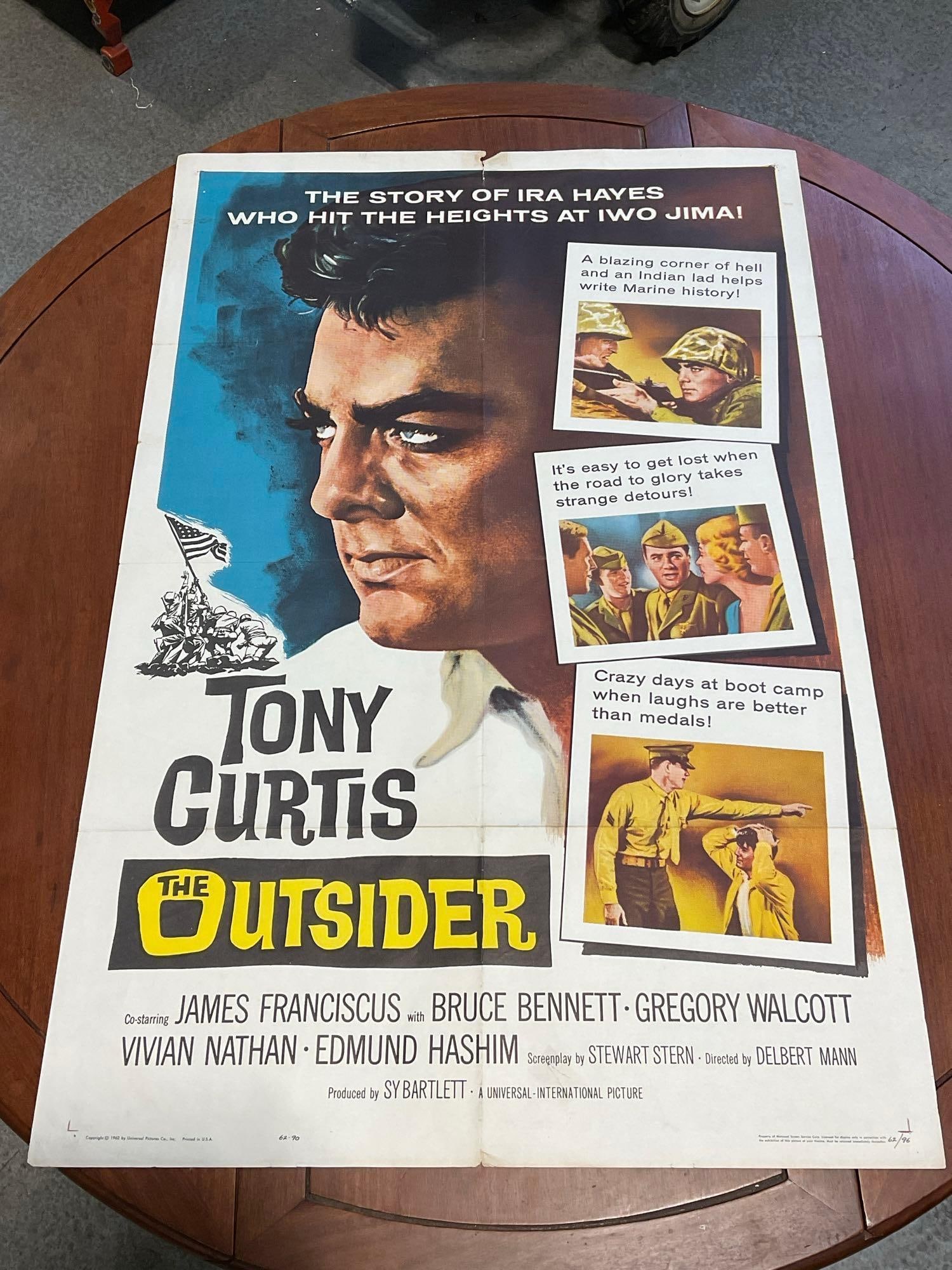 Vintage One Sheet Movie Poster, 1962 The Outsider w/Tony Curtis in color: Marked 62/96. Some tears across the edges, some splotches on the back, possibly from the printing. Vintage posters are in as is condition, consistent with age, see pics for condition. The poster