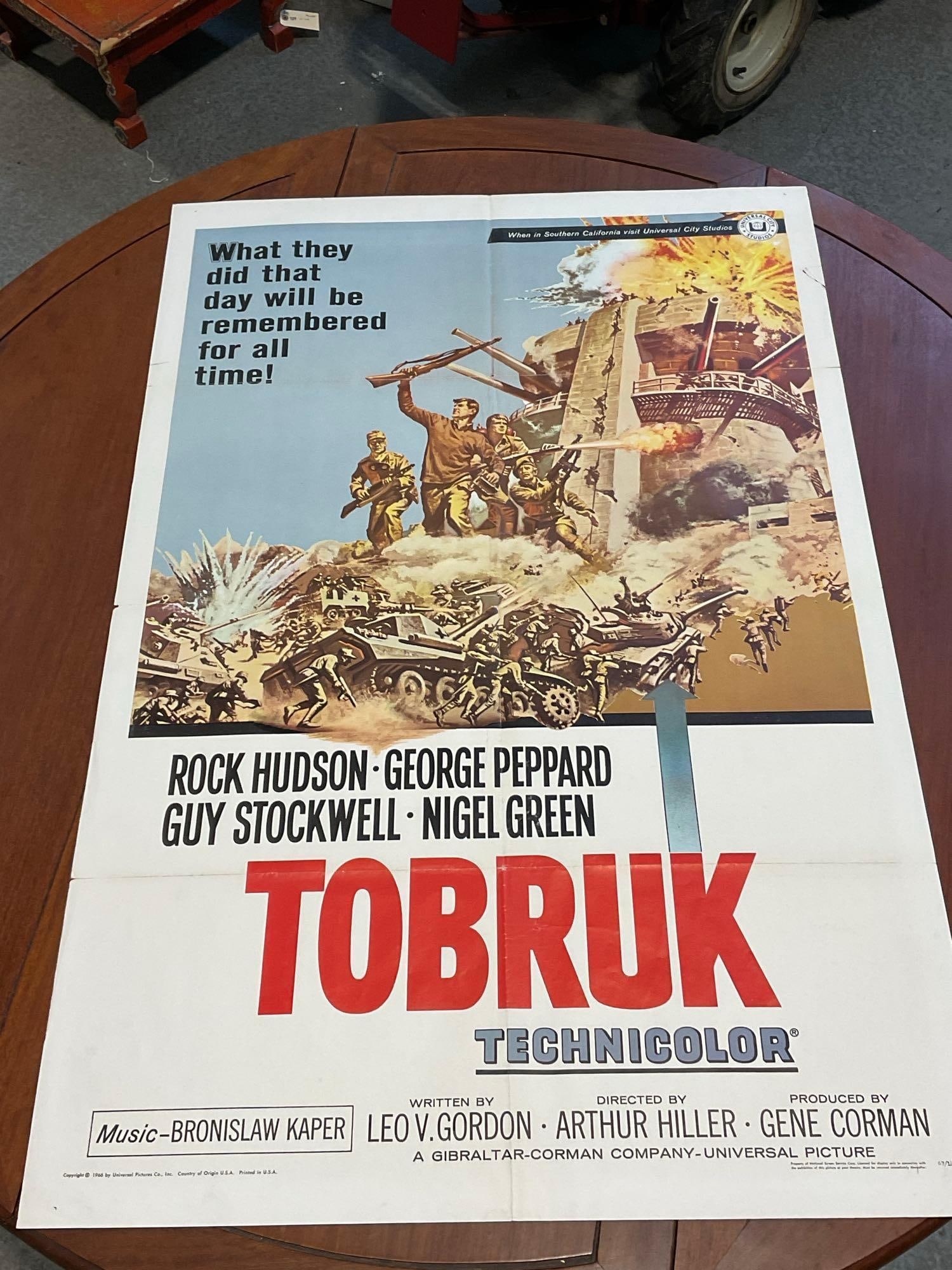 Vintage One Sheet Movie Poster, 1967 Tobruk, Rock Hudson, George Peppard: Marked 67/14. Vintage posters are in as is condition, consistent with age, see pics for condition. Some small tears around the edge, especially at the fold marks. The poster measures approx 41h x