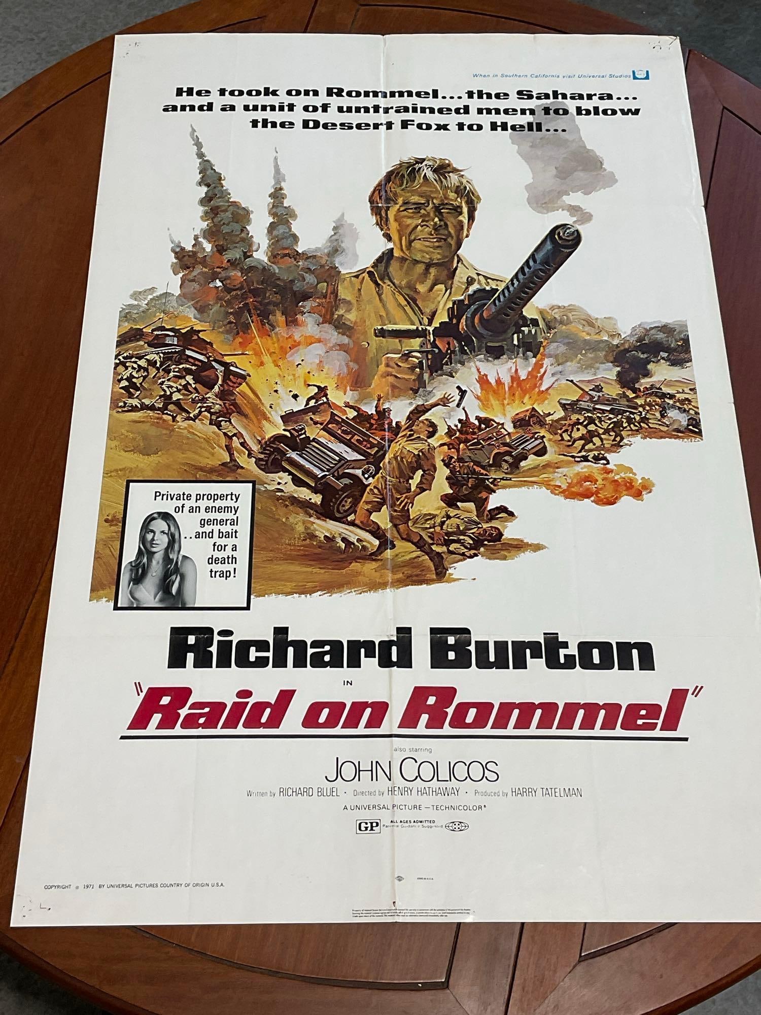 Vintage One Sheet Movie Poster Raid on Rommel w/Richard Burton, John Colicos Film: Vintage posters are in as is condition, consistent with age, see pics for condition. Pinholes & fold marks, and some other marks throughout. The poster measures approx 41h x 27w x 1d inches