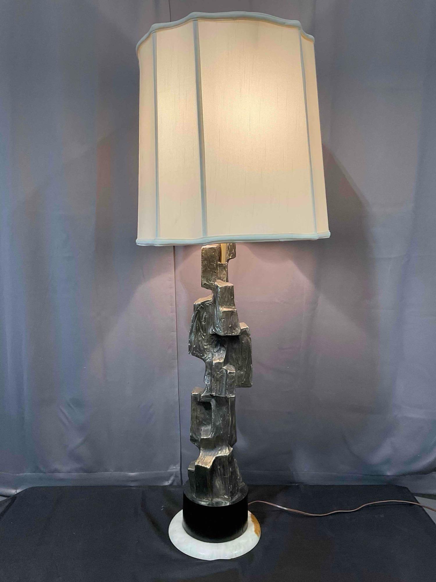 Handsome Vintage MCM Brutalist Cast Metal Table Lamp w/ Onyx Base. Tested, Works.: Handsome Vintage MCM Brutalist Cast Metal Table Lamp w/ Onyx Base. Tested, Works. Incredible sculptural piece with great texture. Base has two chips, minor scrapes and staining, finial top does not