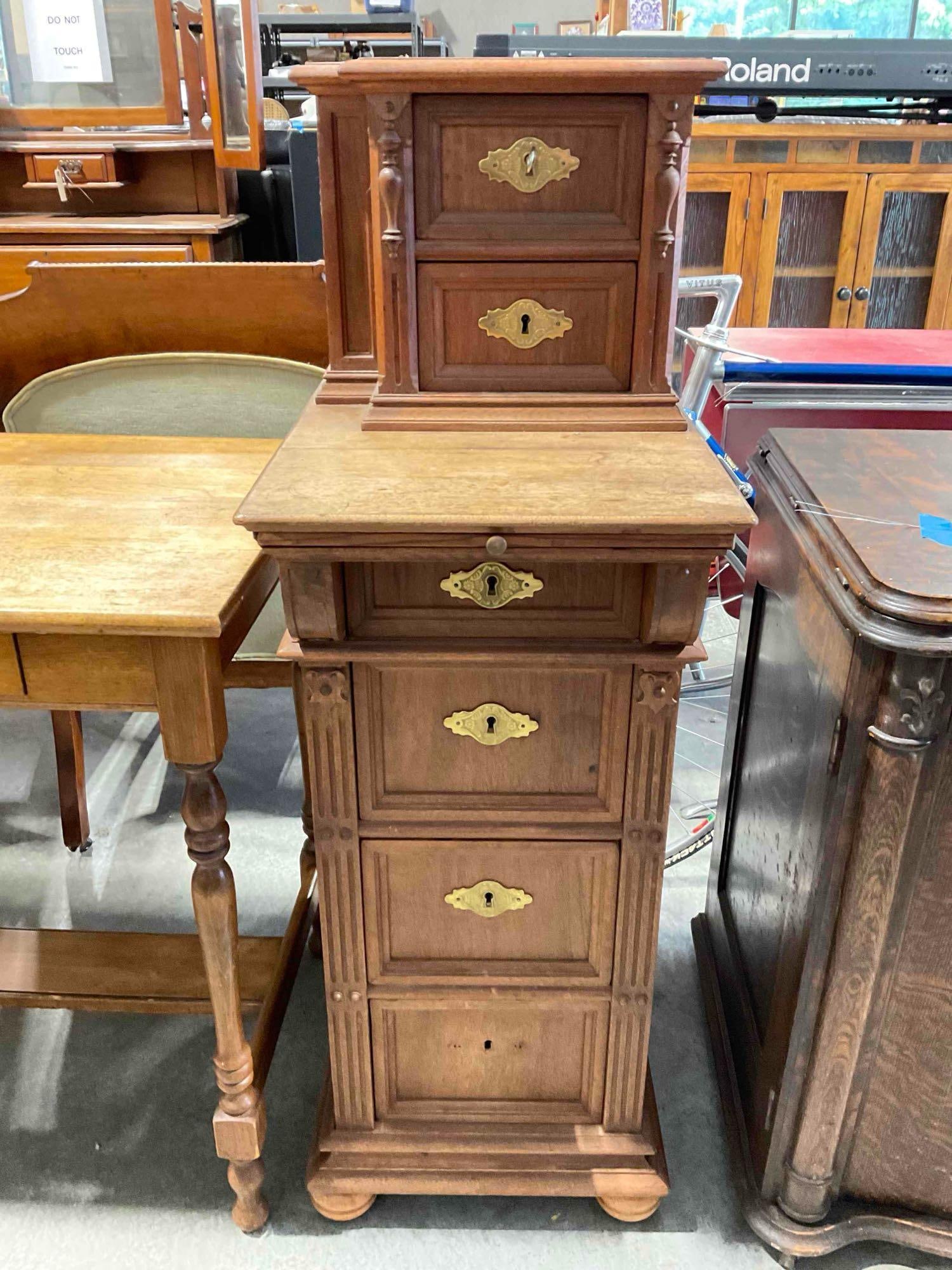 Lovely Antique Mahogany & Tiger Oak? Side Storage Cabinet w/ 6 Drawers, Tray & Keys. (1 of 11)