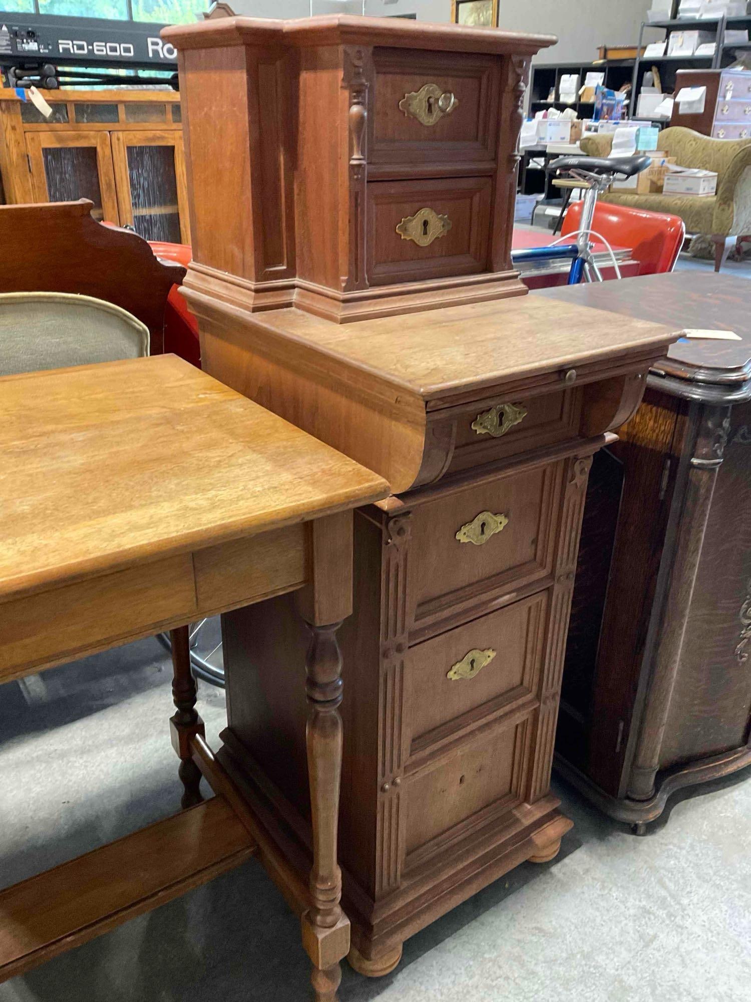 Lovely Antique Mahogany & Tiger Oak? Side Storage Cabinet w/ 6 Drawers, Tray & Keys. - 2