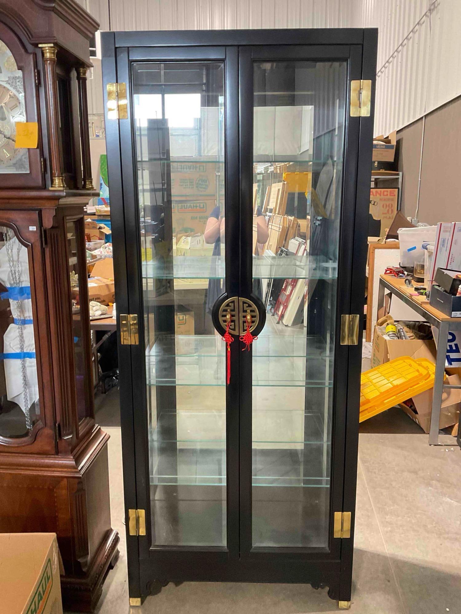 Vintage Black Painted Illuminated Display Cabinet w/ Glass Front & 4 Glass Shelves. Works. (1 of 8)