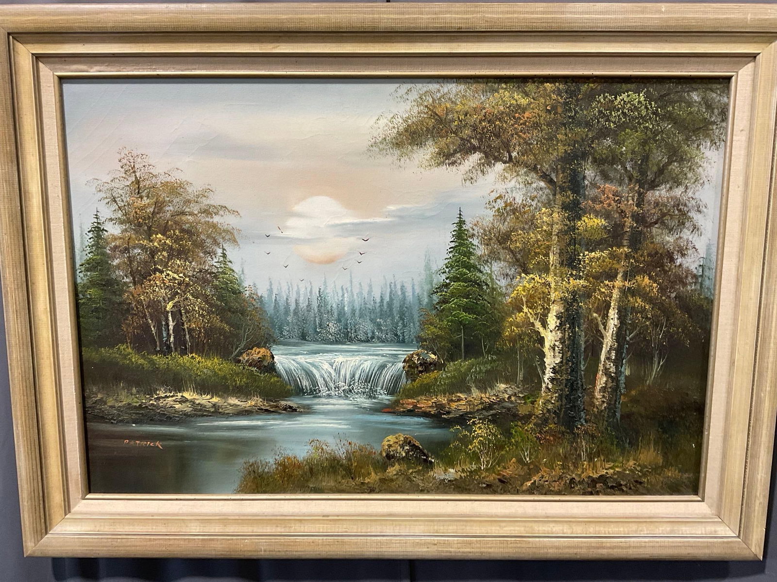 Framed Original Oil on Canvas, Small River Waterfall Woodsy Landscape Scene, signed Patrick, 31x43: See pics for condition. Measures approx 31h x 43w x 5d inches. E-6300