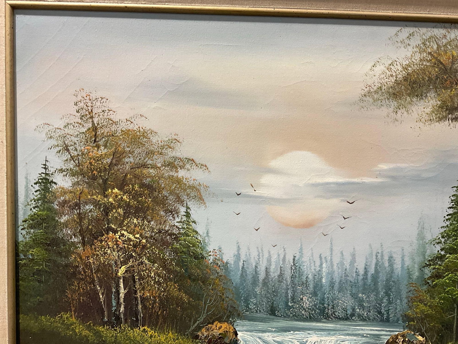 Framed Original Oil on Canvas, Small River Waterfall Woodsy Landscape Scene, signed Patrick, 31x43 - 2