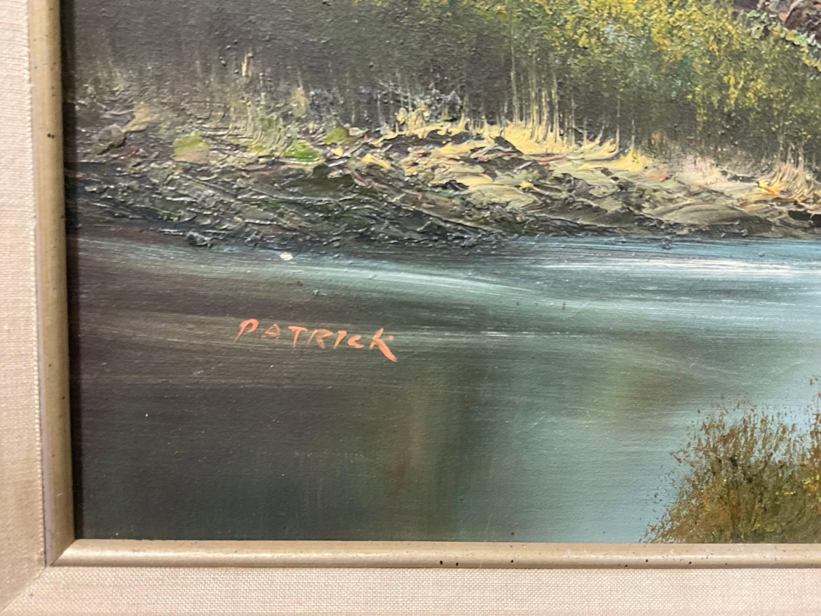 Framed Original Oil on Canvas, Small River Waterfall Woodsy Landscape Scene, signed Patrick, 31x43 - 3