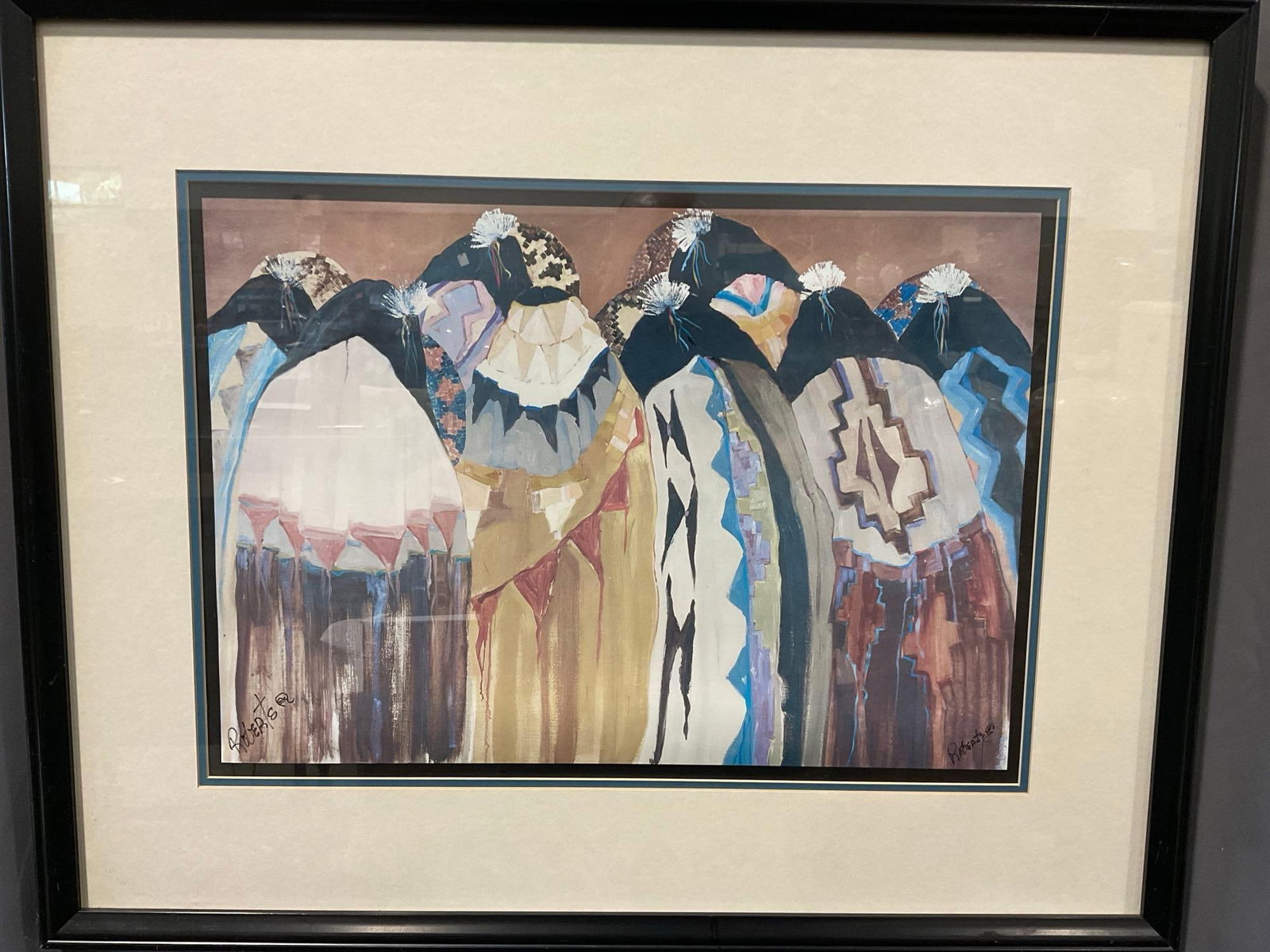 Framed Signed Litho titled Adagio, by Dolona Roberts, w/COA on verso, Native American style: See pics for condition. Measures approx 27h x 33w x 3d inches. E-6560