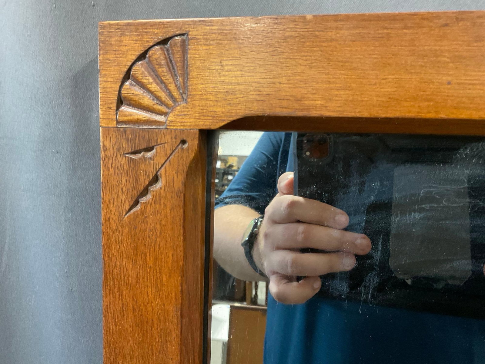 Antique Oak Framed Mirror, w/Handcarved Fan details in each corner, 28x34 inches - 2