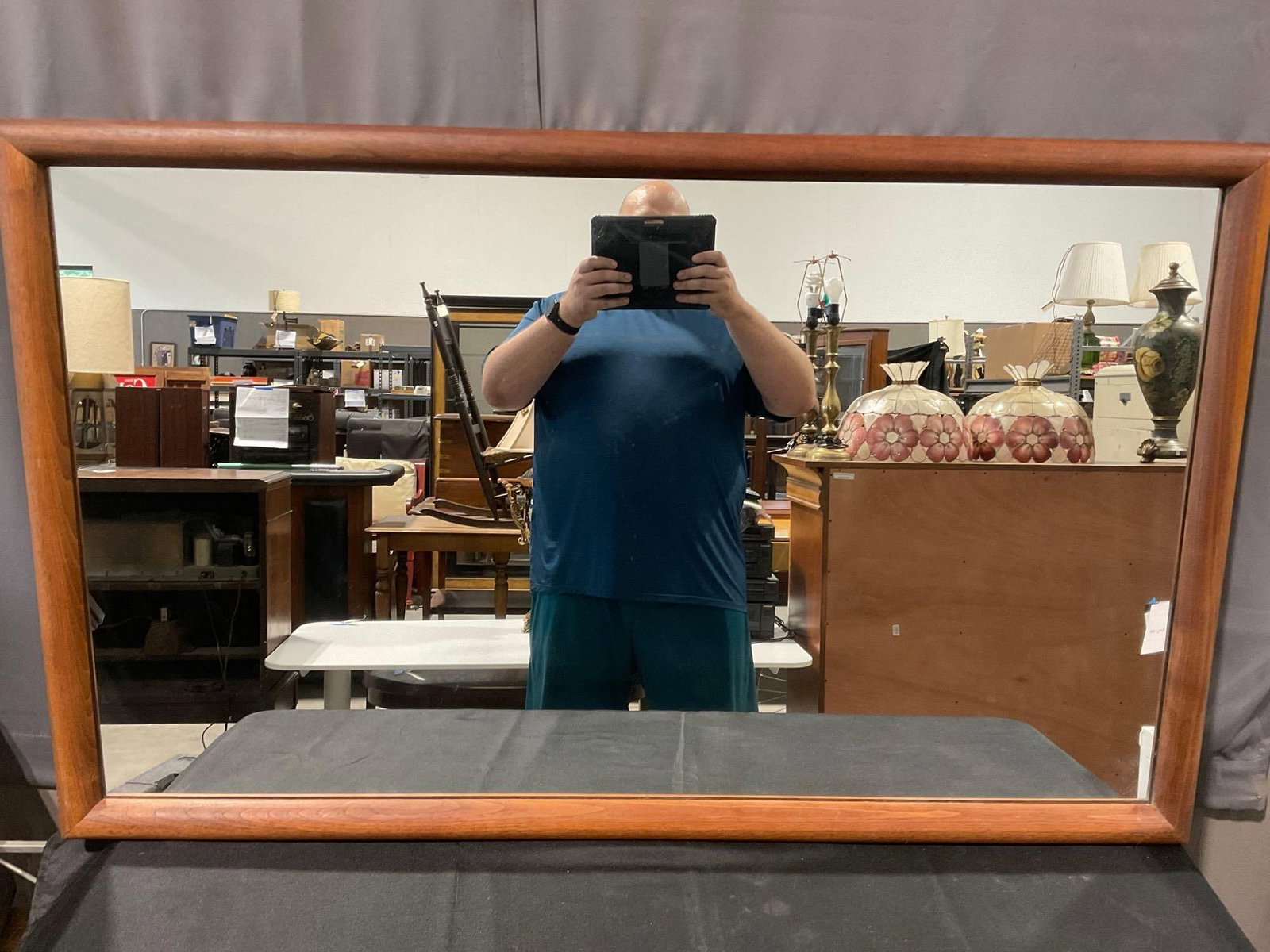 Vintage Mid Century Wooden Framed Mirror, Rectangular Shape, 32x52 inches: *No in-house shipping due to size* Similar to the last piece in that it is quite heavy, possibly 35-40 pounds. See pics for condition. Measures approx 32h x 52w x 3d inches. E-6560 *No in-house