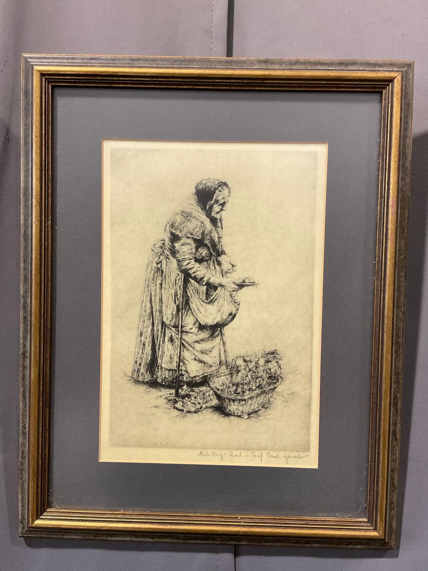 Framed Vintage Etching of Vegetable Woman (Gemusefrau) by Paul Geissler(1881-1965), 18x14 inches: See pics for condition. Measures approx 18h x 14w x 3d inches. E-6620