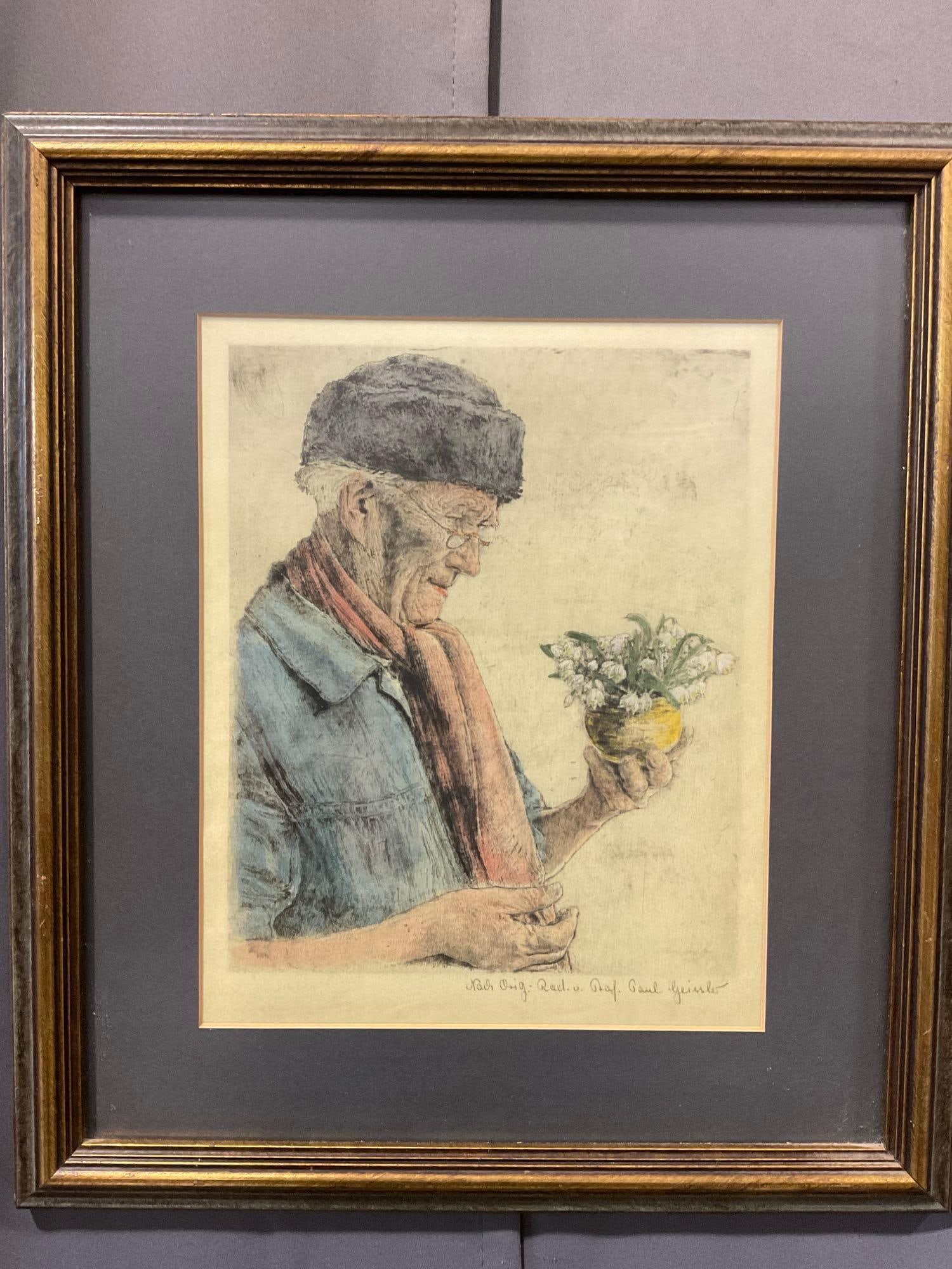 Framed Vintage Etching of The First Snowdrop 1951 by Paul Geissler (1881-1965), 18x14 inches: Similar to the last piece. See pics for condition. Measures approx 18h x 14w x 3d inches. E-6620