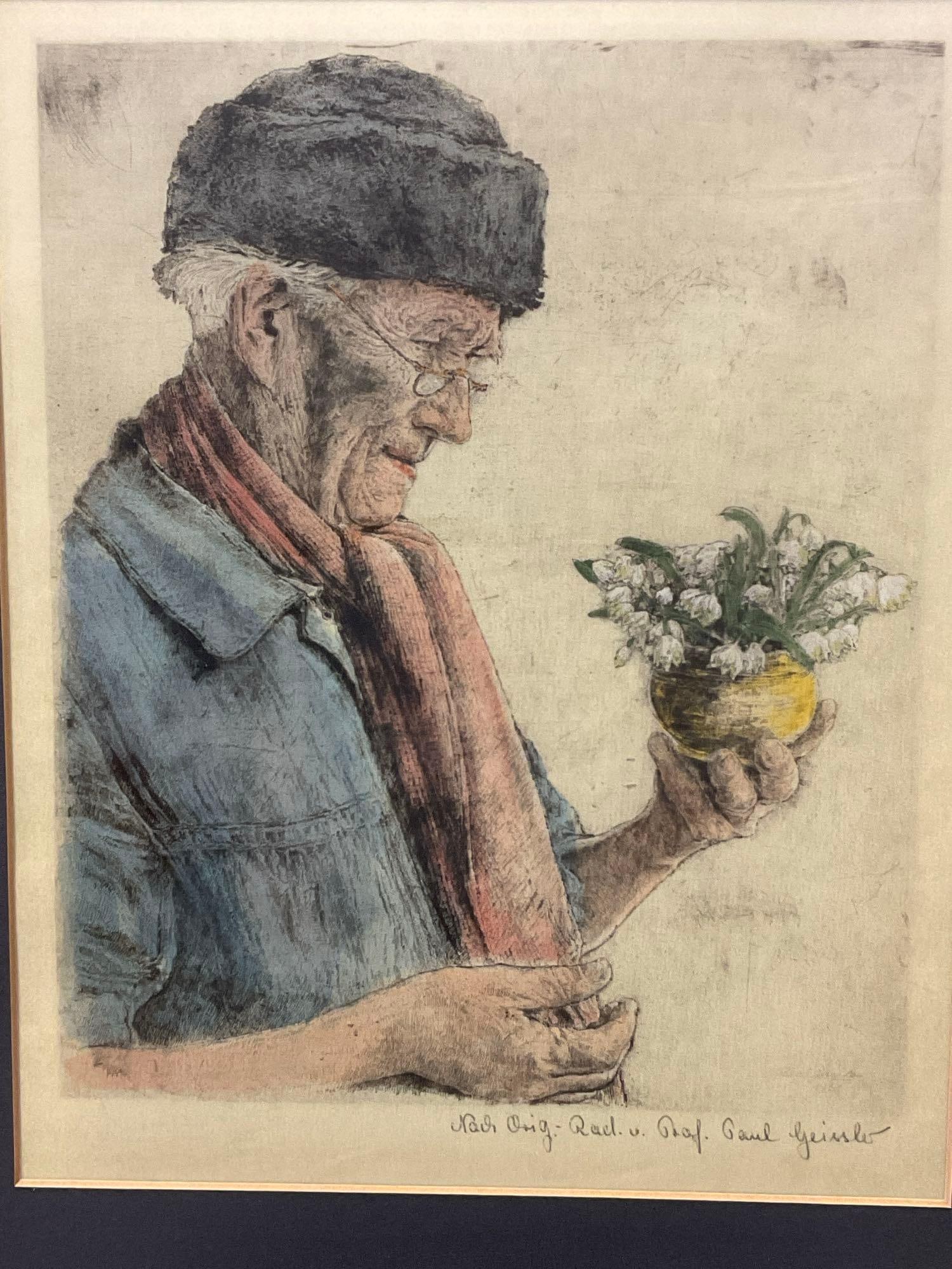 Framed Vintage Etching of The First Snowdrop 1951 by Paul Geissler (1881-1965), 18x14 inches - 2