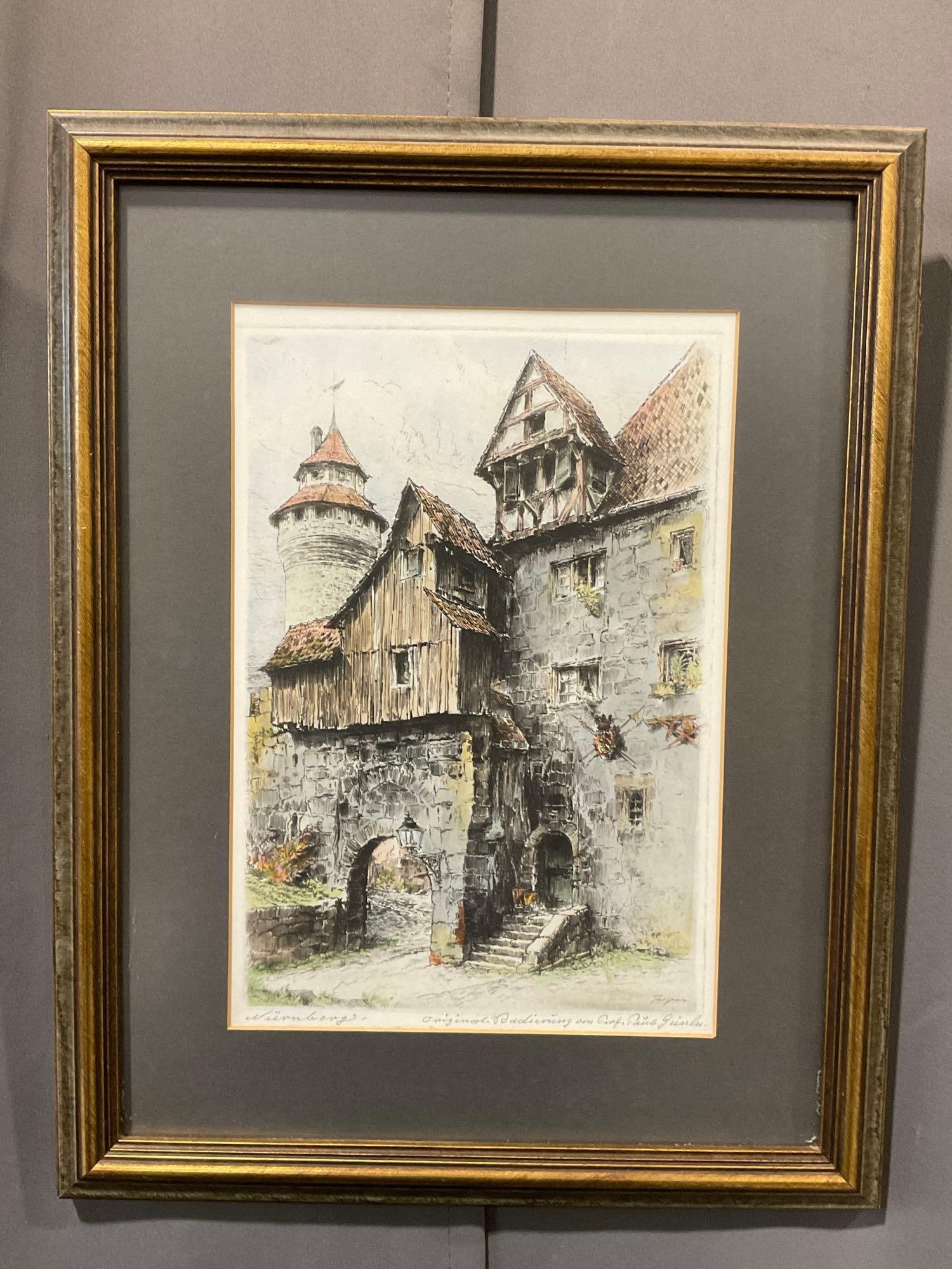 Framed Vintage Etching of Castle Entrance at Nurnberg by Paul Geissler (1881-1965), 18x14 inches: Similar to the last pieces. See pics for condition. Measures approx 18h x 14w x 3d inches. E-6620