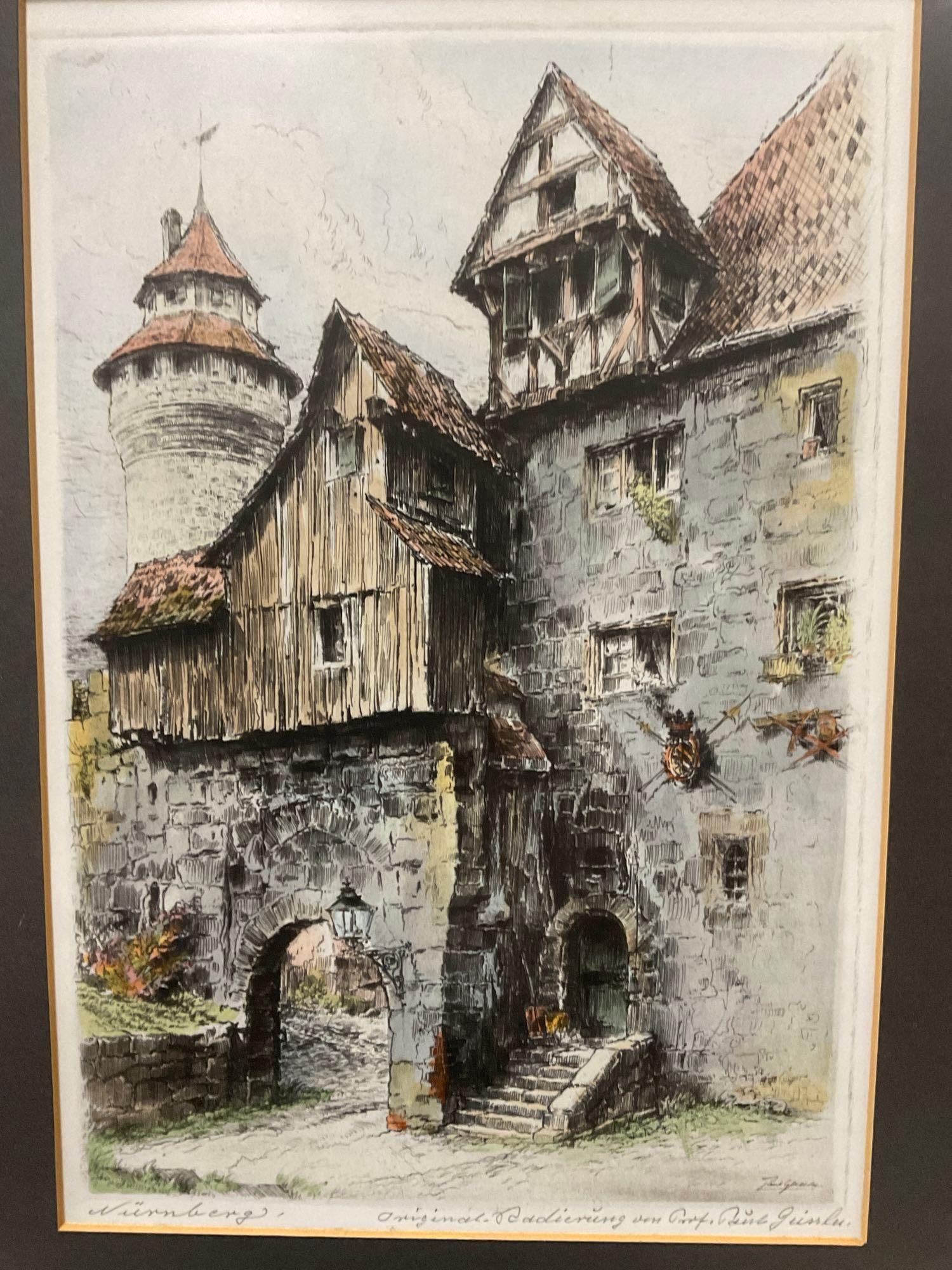 Framed Vintage Etching of Castle Entrance at Nurnberg by Paul Geissler (1881-1965), 18x14 inches - 2