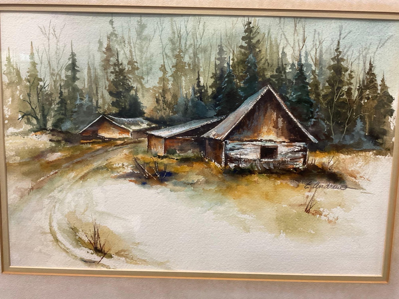 Framed Signed Original Watercolor of a Barn Scene by E. Andrews, 21x27 inches - 2