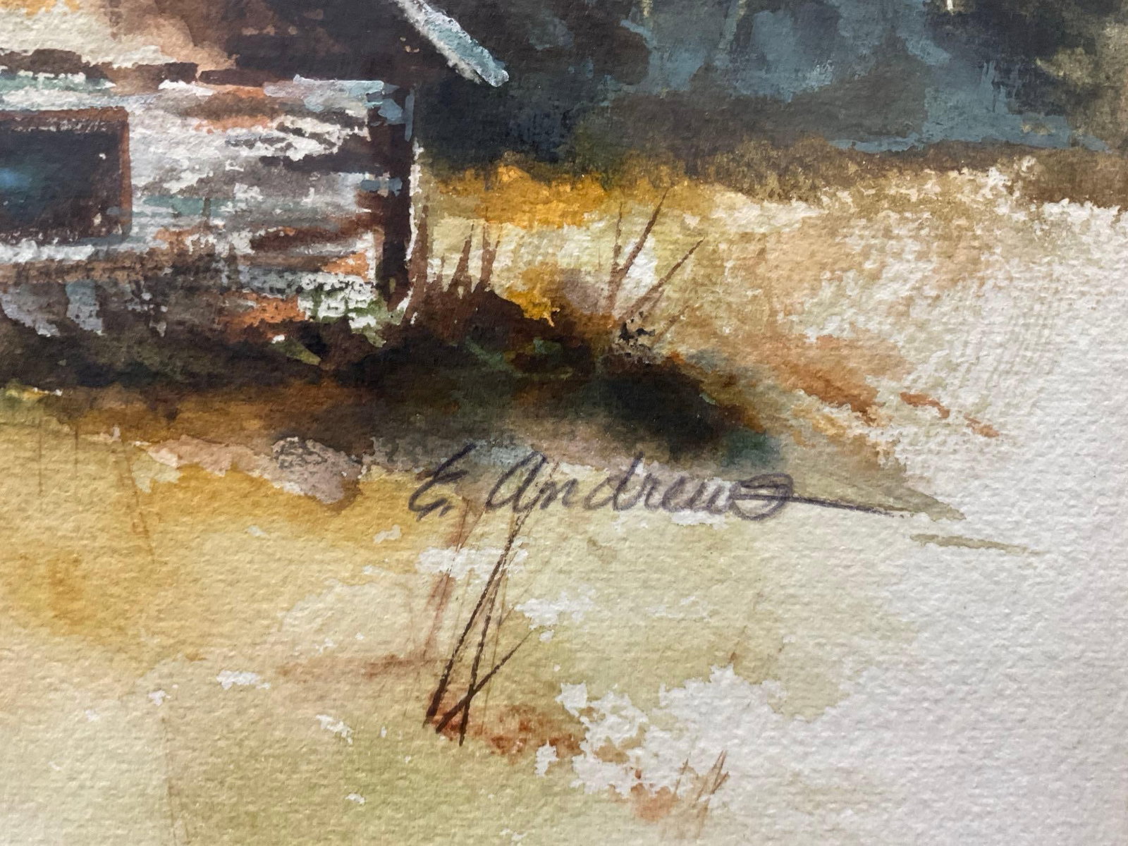 Framed Signed Original Watercolor of a Barn Scene by E. Andrews, 21x27 inches - 3