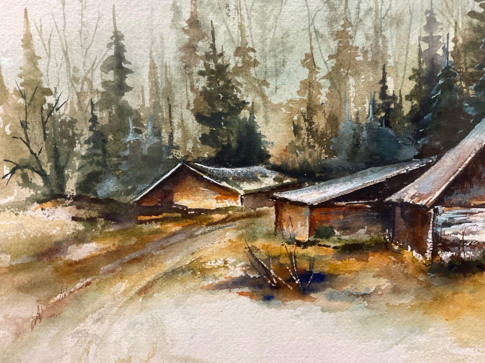 Framed Signed Original Watercolor of a Barn Scene by E. Andrews, 21x27 inches - 4