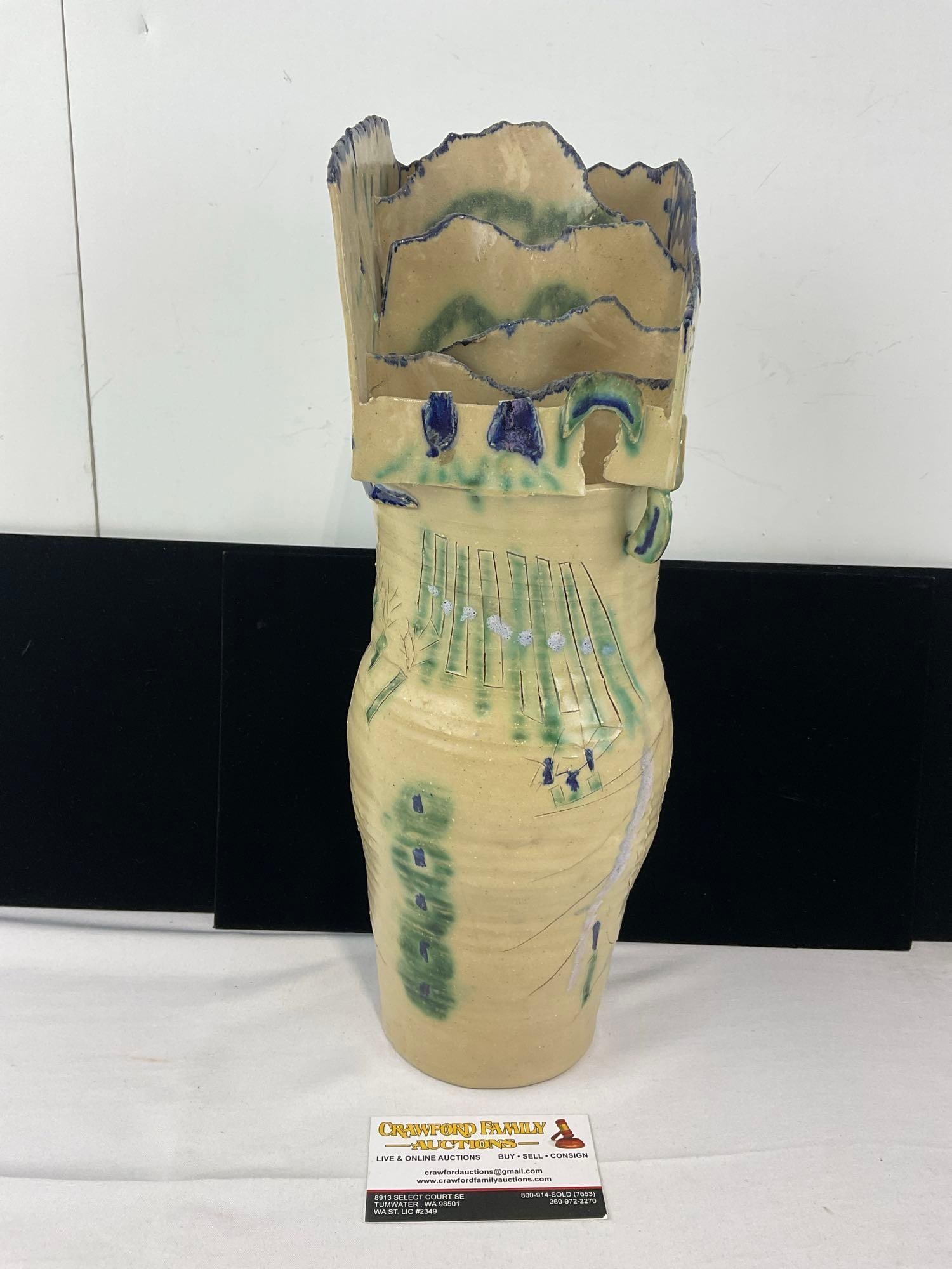Unique Studio Abstract Art Pottery Vase, Offwhite w/Blue & Green handpainted Details: The mark is partial. Looks like it says BBJ 93 or 9? Horsehair style details. Almost looks like ruins of a house on top of the traditional vase shape below. See pics for condition. Possibly a portion 