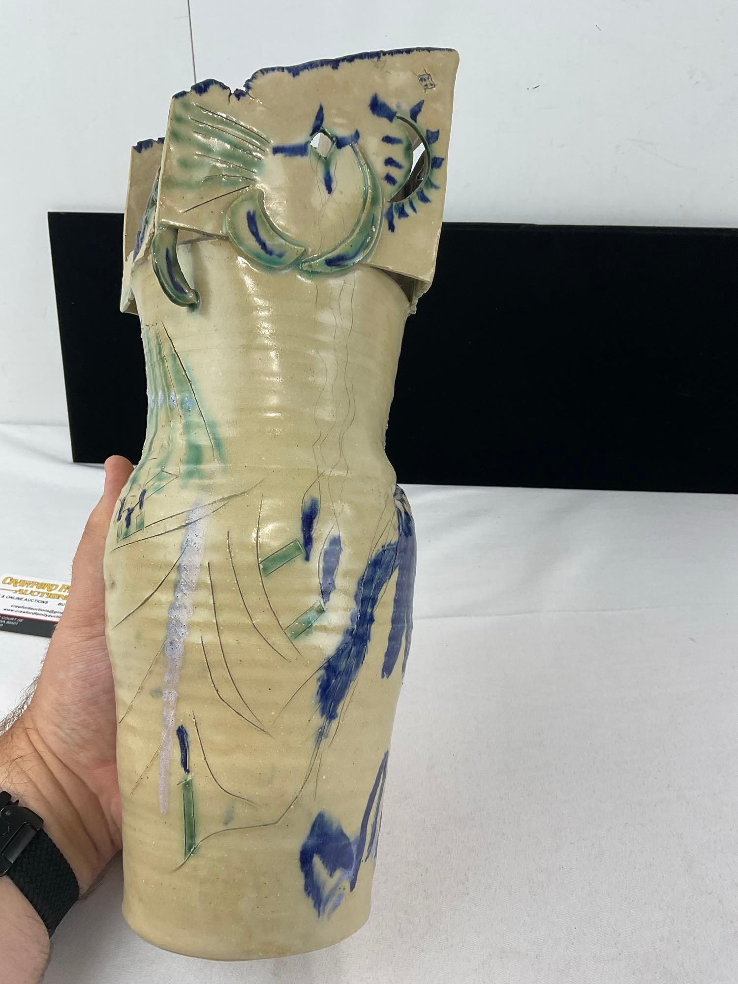 Unique Studio Abstract Art Pottery Vase, Offwhite w/Blue & Green handpainted Details - 3